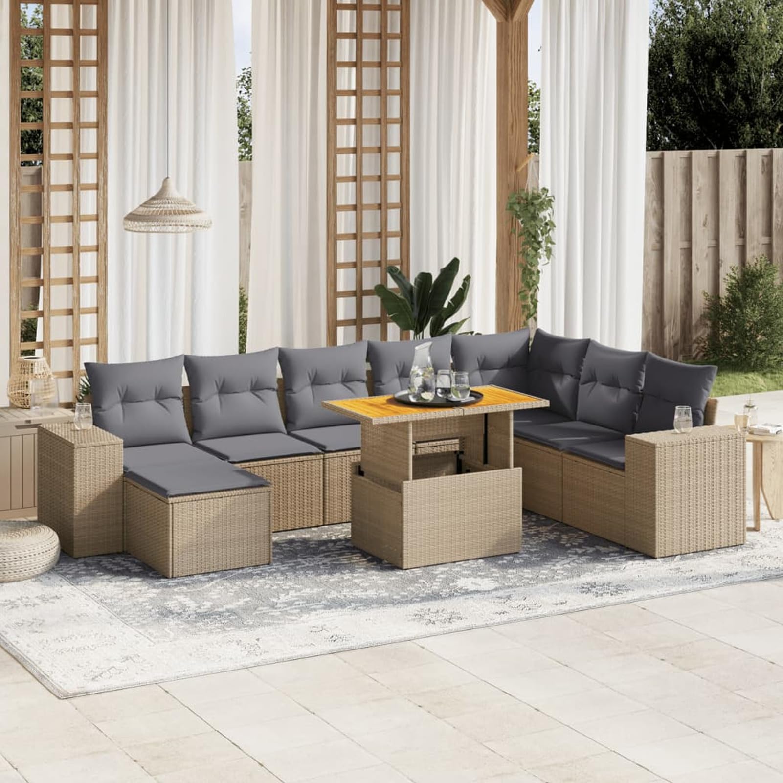 Lechnical Set Divano da Giardino 9 pz con Cuscini Beige in Polyrattan,Set di Conversazione per Patio,Set Salotto da Esterno,Set Divano da Giardino Esterno-3275964