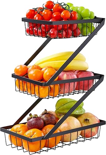 GETALL Cesta de frutas de metal de 3 niveles sin tornillos, separa 3 cestas de verduras fácilmente, organización de cocina para encimera y debajo