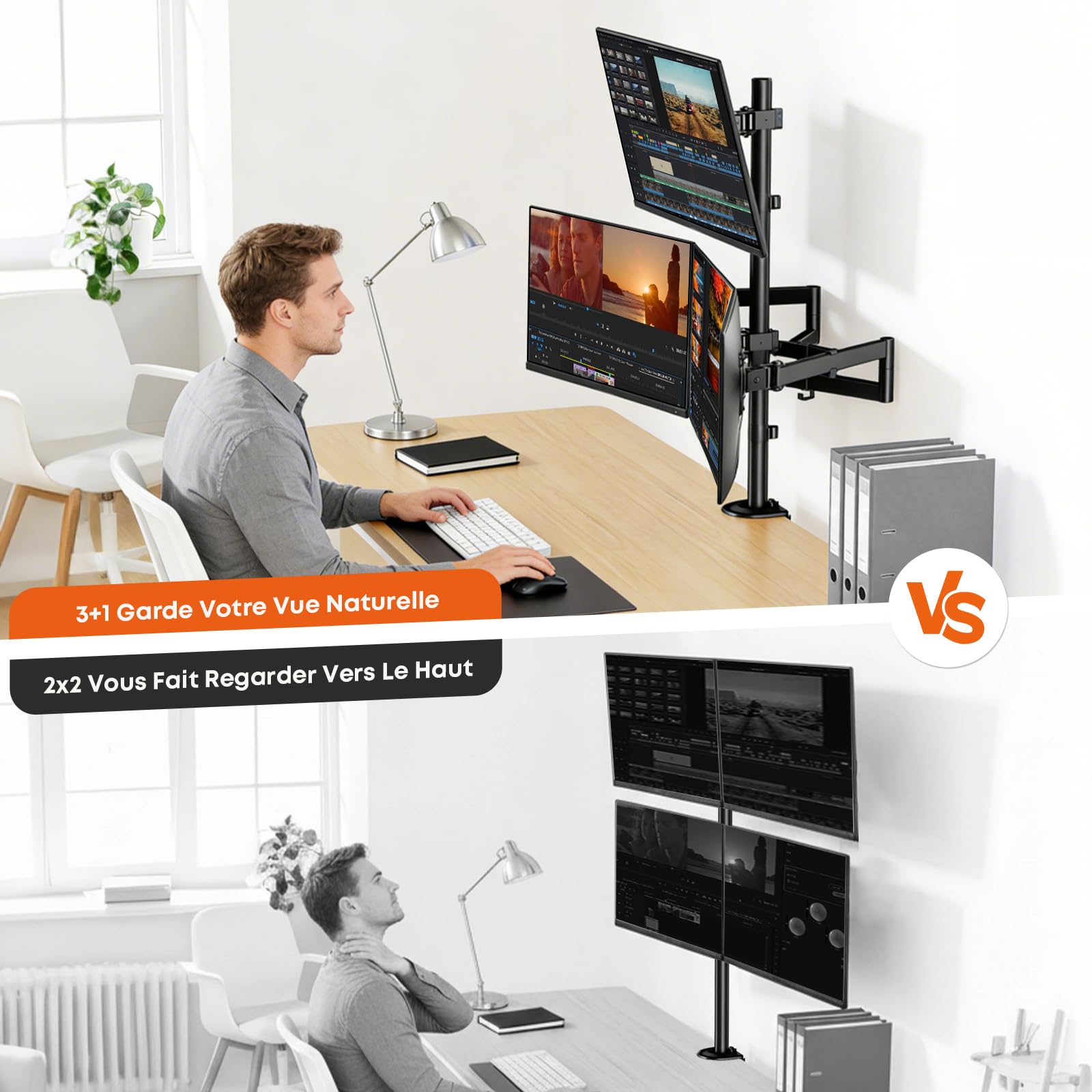 Support pour 4 Moniteurs 17"-27", Support de Bureau Réglable pour Écrans LCD LED, Montage Vertical, Poids Max 10 kg par Bras, VESA 75/100, Noir