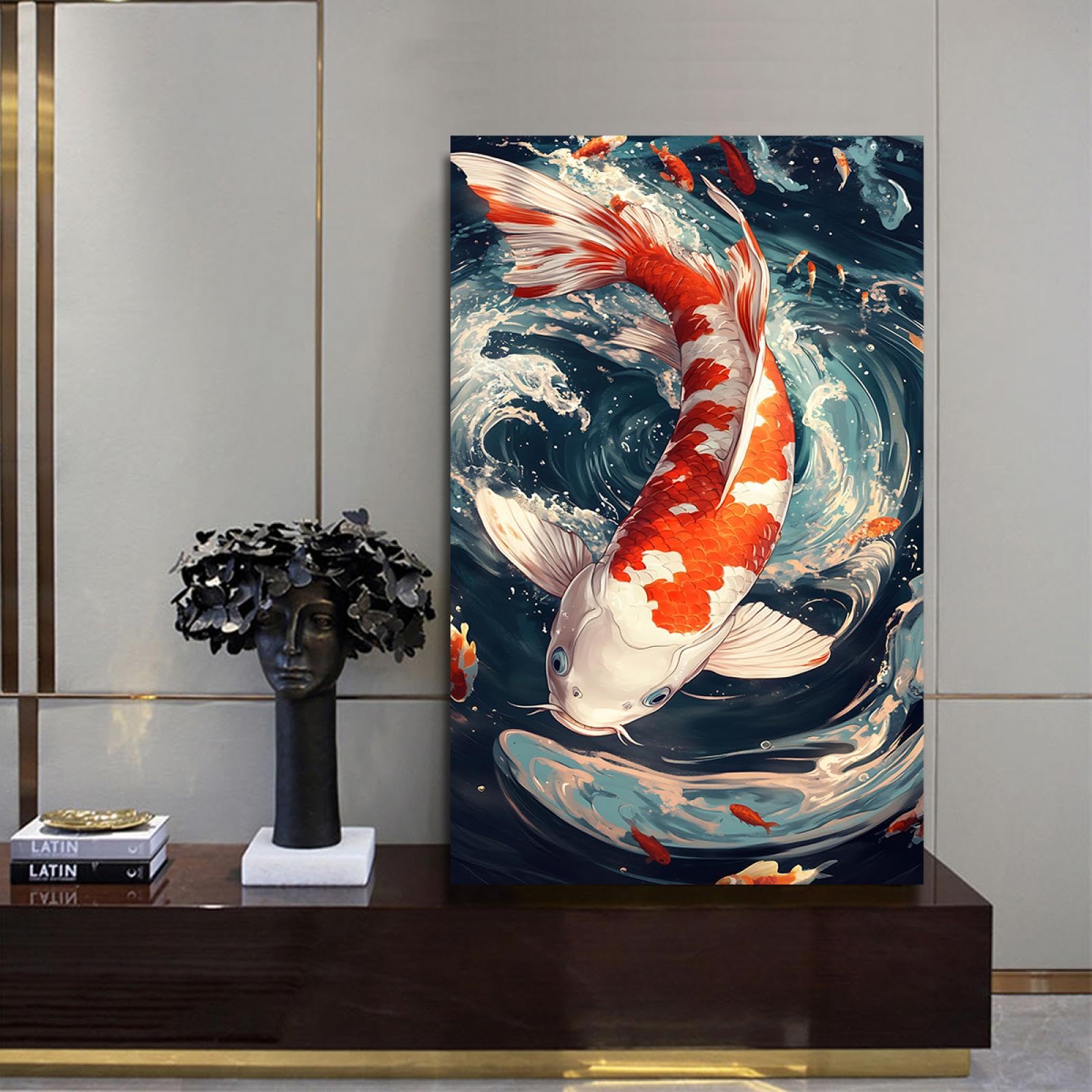 SHENGPOSTER Orientalne klasyczne farby na płótnie plakat koi ryba woda fale jacuzzi ściana płótno sztuka do sypialni kuchni sali konferencyjnej wystrój domu 60 x 100 cm rama wewnętrzna
