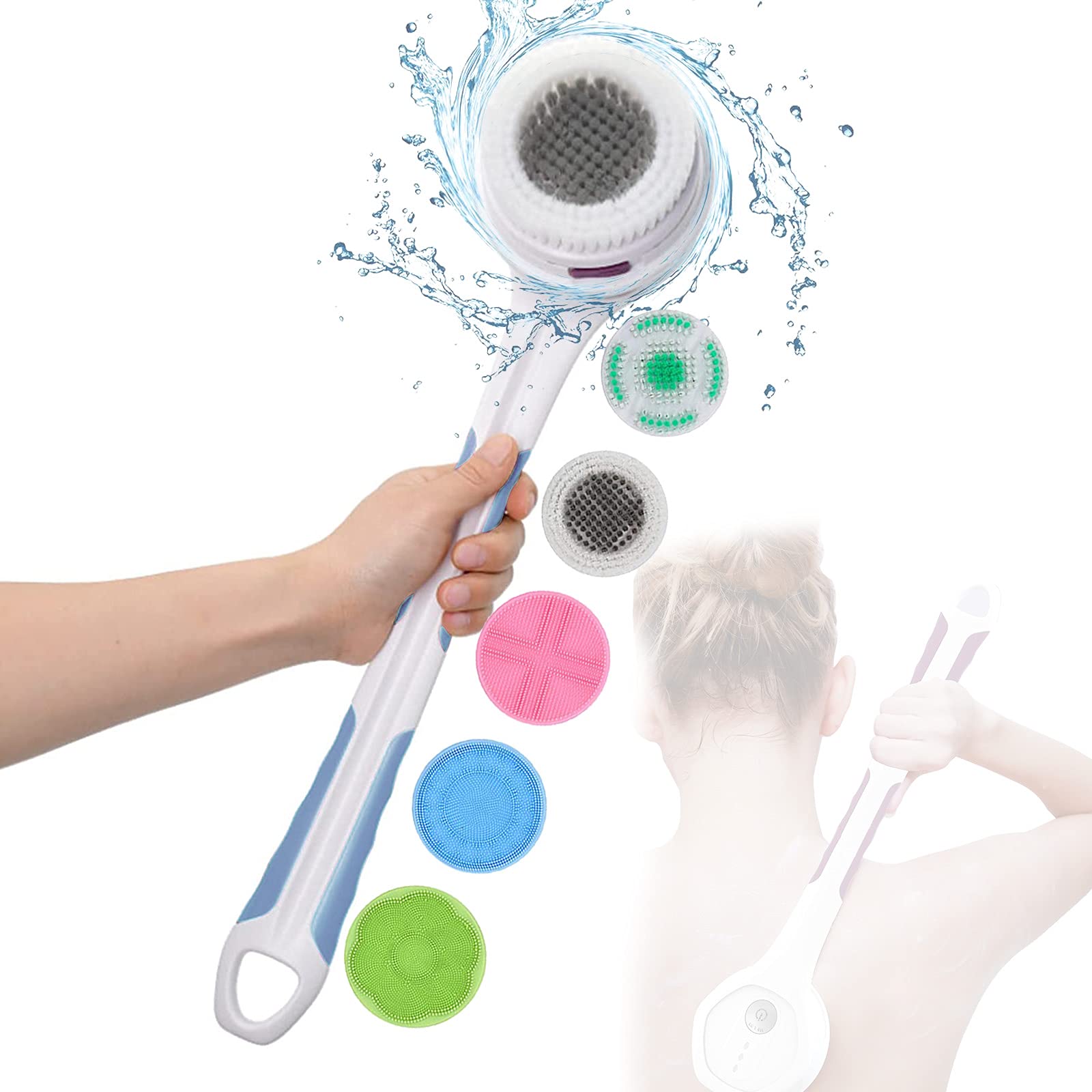 M-TOP Spazzola Corpo Silicone Elettrica, 5 in 1 Impermeabile Ricaricabile Spazzola Doccia a 2 Fasi per Viso/Corpo per la Pulizia/Peeling, Spazzola per la Schiena