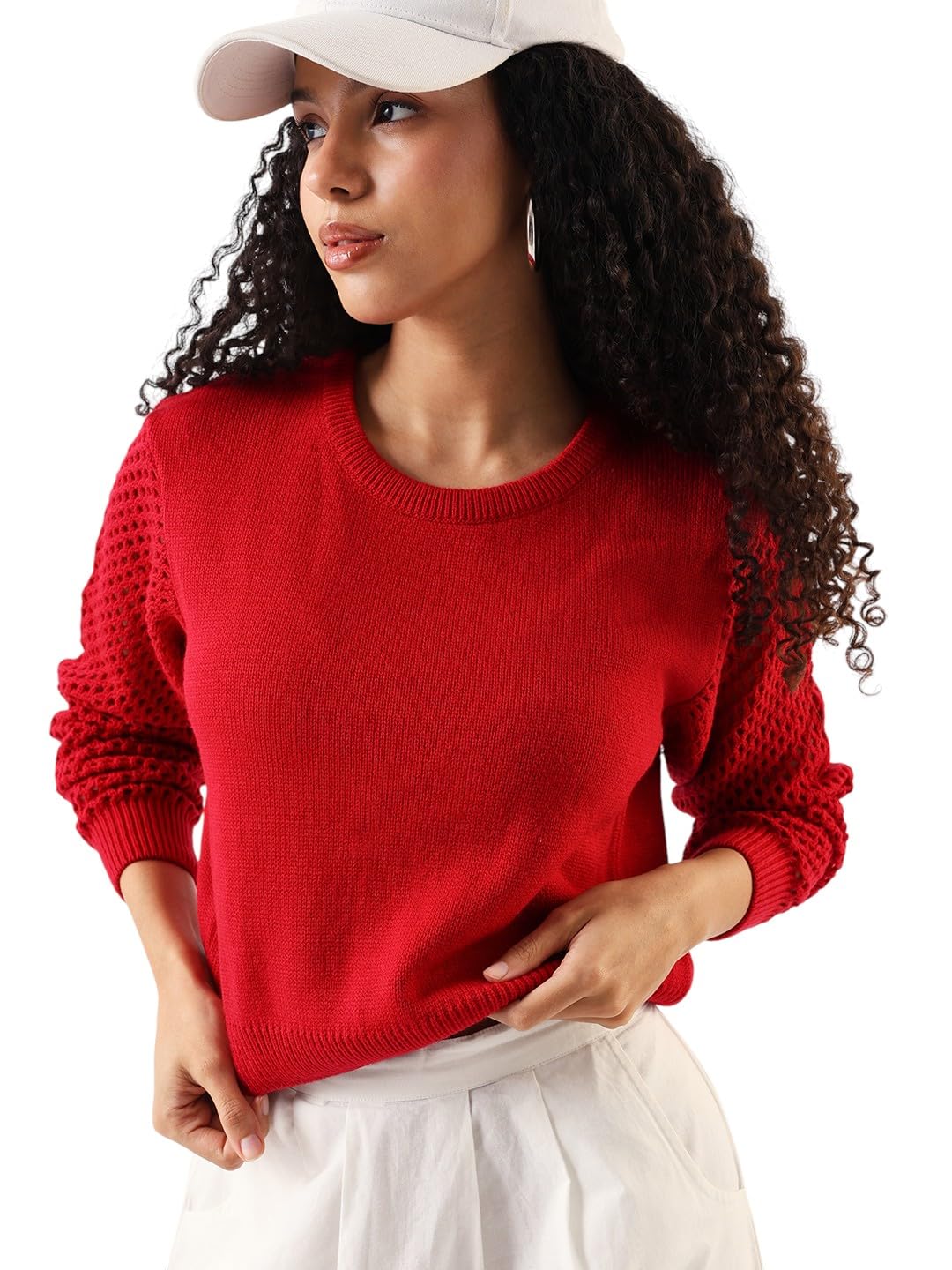 dl woman Solid Round Neck Pointelle Knit Sweater-picture-22