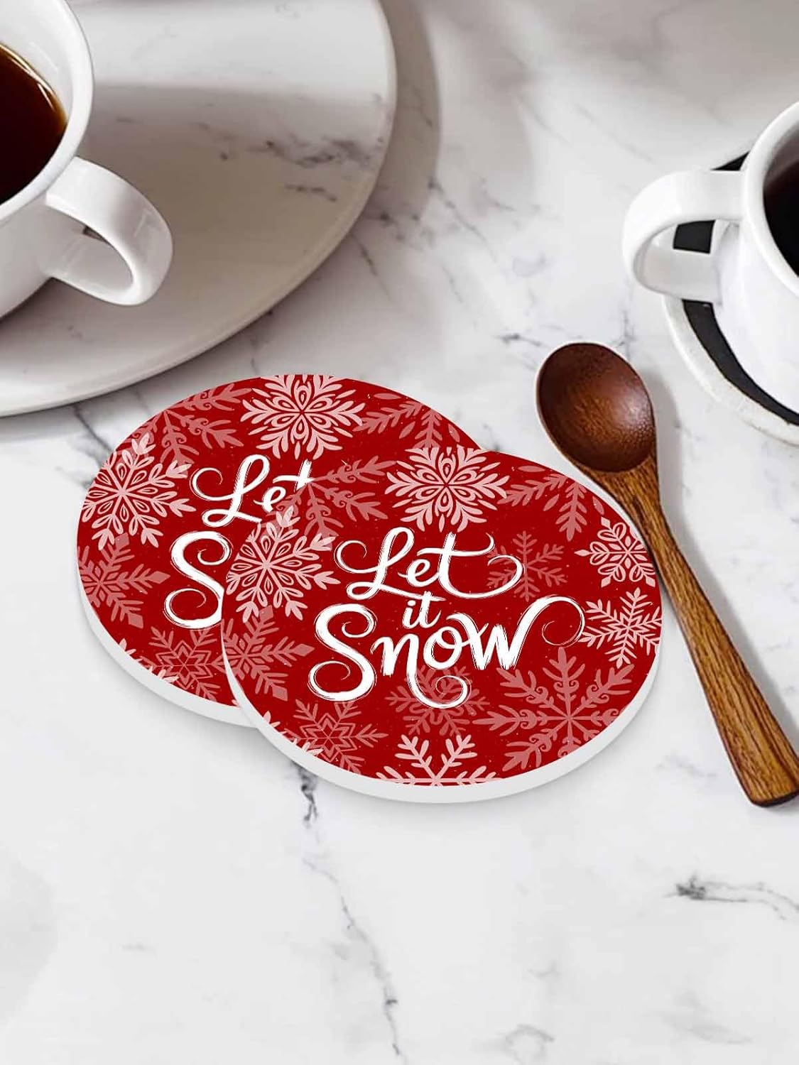 陶製コースター 円形 冬 文字 雪花 赤色 吸水 8枚セット 直径10.3cm&times;厚さ0.6cm 速乾 杯垫 滑り止め 耐熱 装飾 お