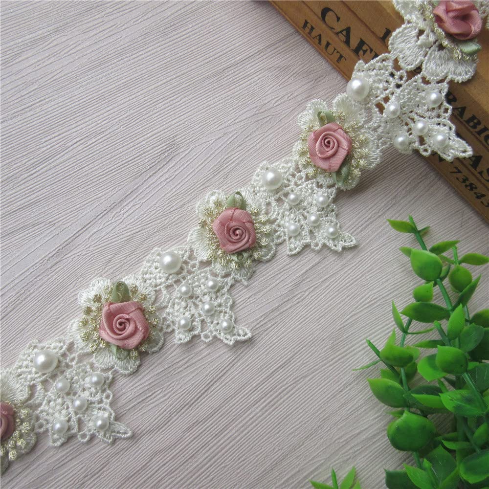 2 Yards Vintage Style Pearl Rose Flowers Embroidered Lace Trim Fabric Floral Appliques Lace Ribbon Bridal Ornaments Handmade DIY Sewing Supplies Craft for Costume Hat Decoration 1.96" Wide (Beige)