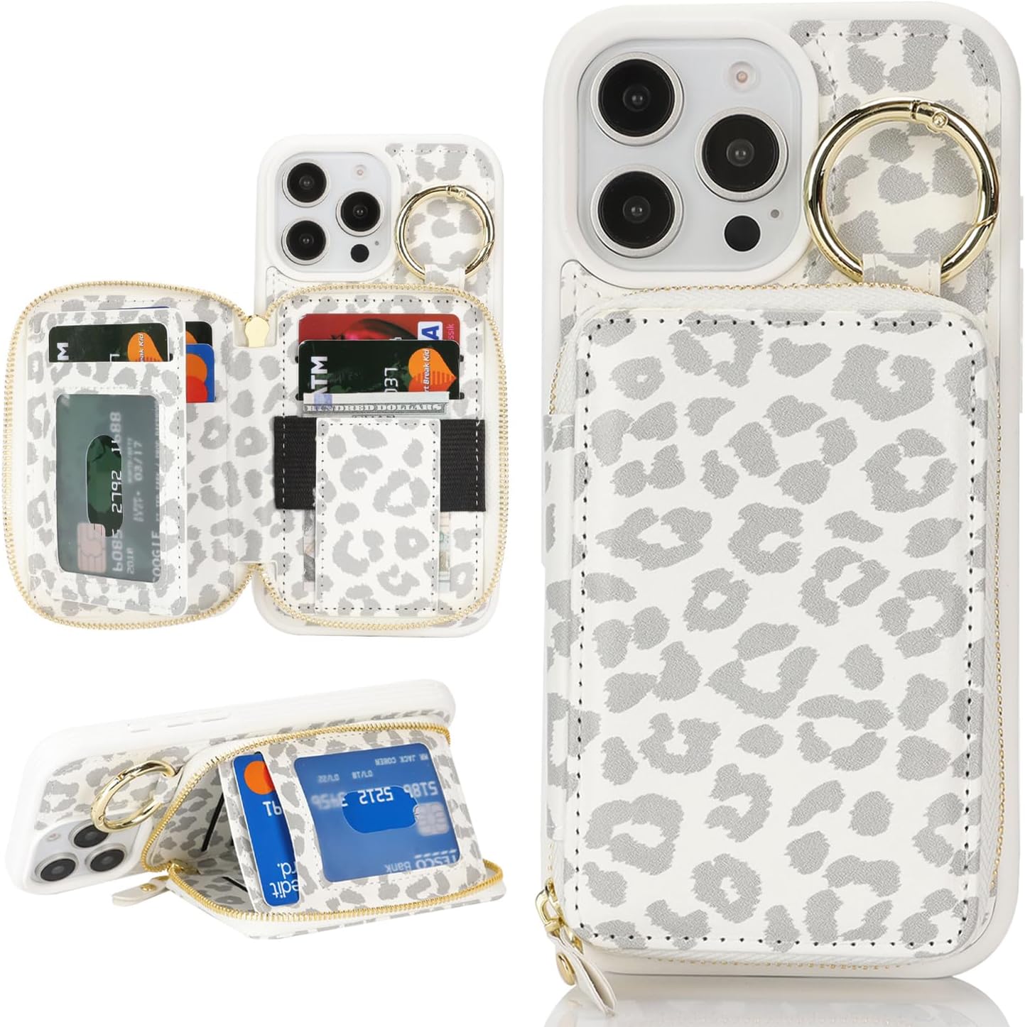 for iPhone 16 Pro Max Case Wallet with Card Holder,for iPhone 16 Pro Max Phone case Wallet with Zipper with Slot Kickstand Stand Case for Women and Man 5G 6.9 Inch-White Leopard
