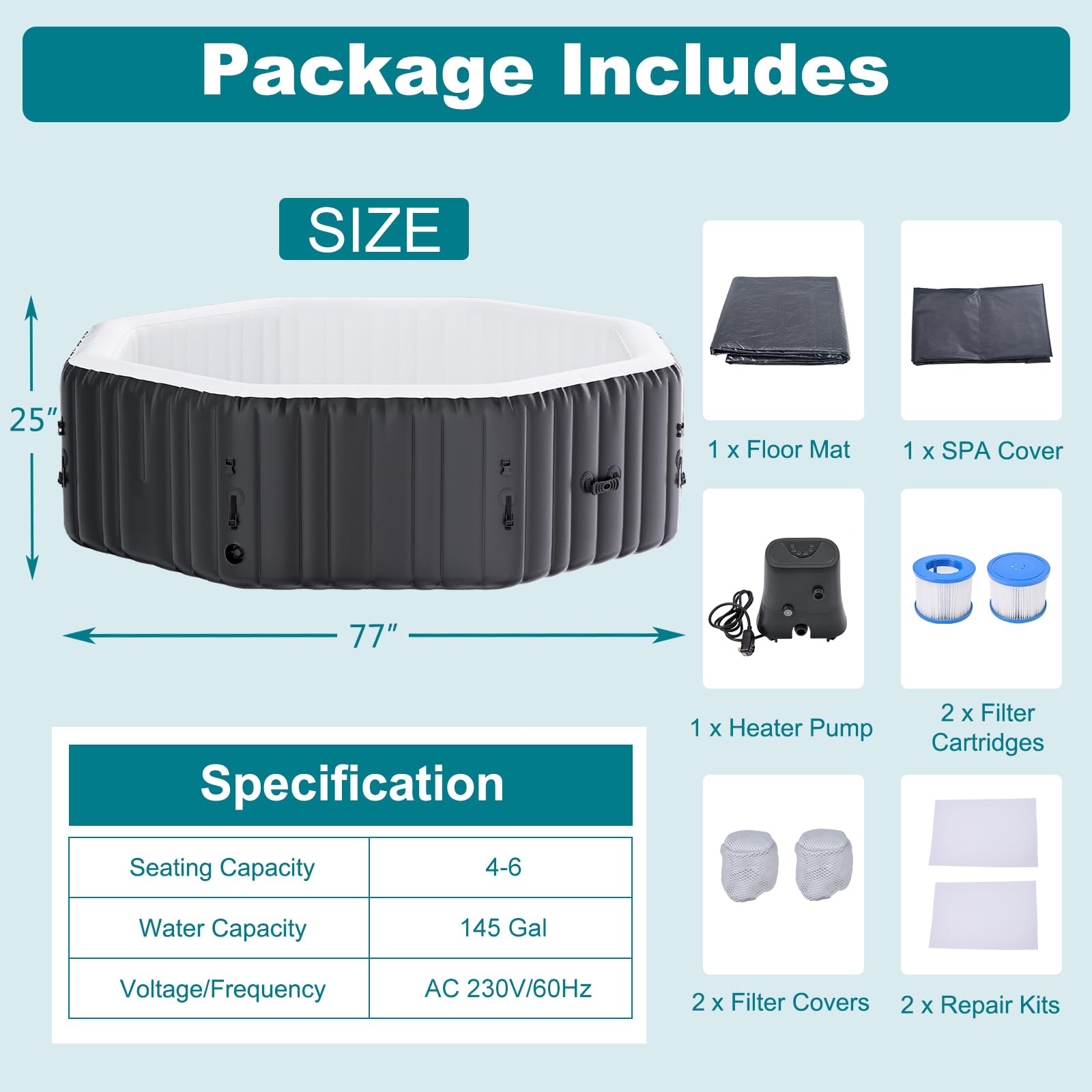 Inflable Tubo caliente 2-4 personas Ø 180 x 63.5 cm 2400W Bañera Inflable Tub con Bocas de aire, Tapa Aislada, Alfombra y Bomba De Calefacción Interior Exterior Spa Piscina Círculo (Negro
