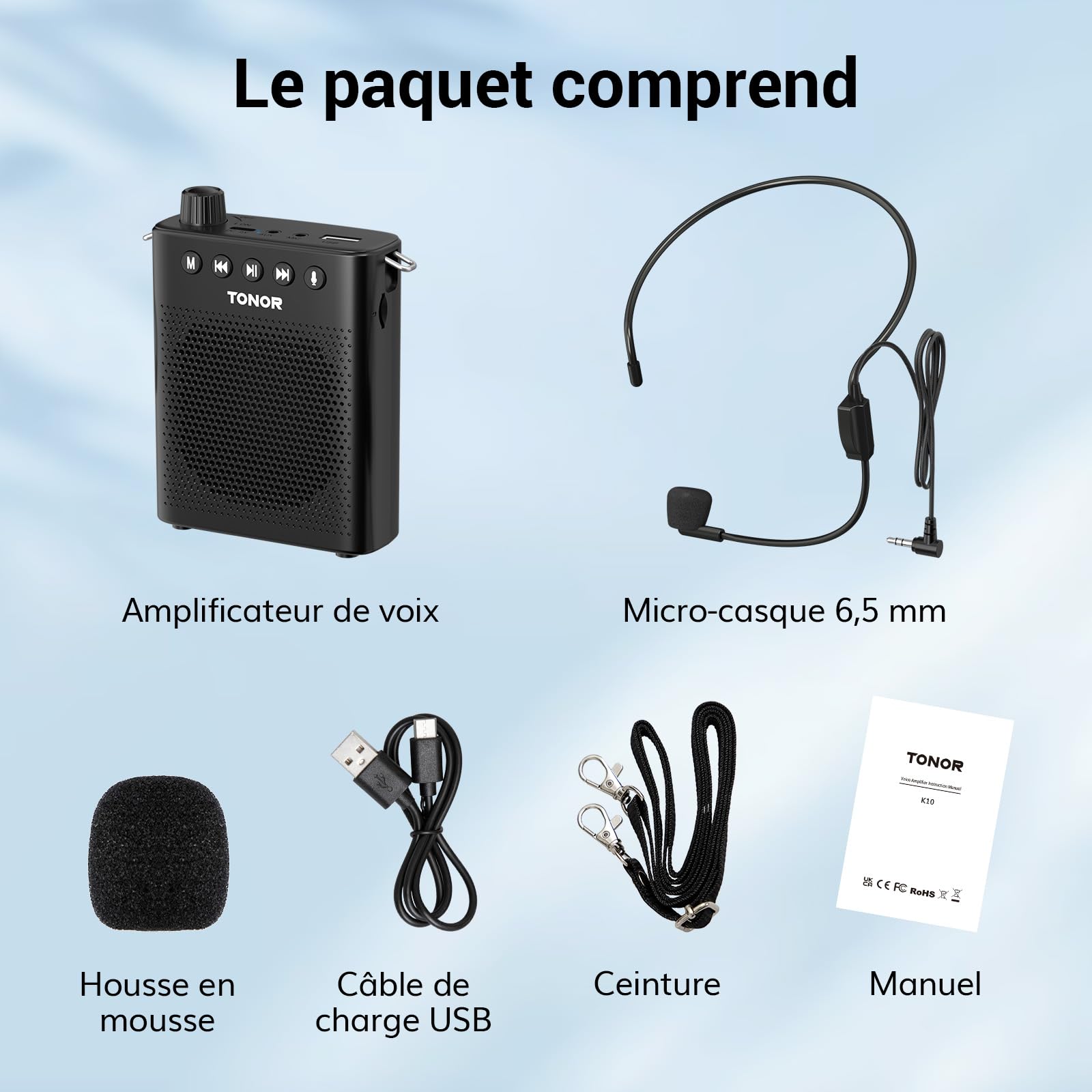 TONOR Amplificateur vocal portable pour enseignants, microphone Bluetooth rechargeable avec casque filaire et ceinture pour salle de classe/formation/yoga/discours/réunion/guides touristiques, 100 cm