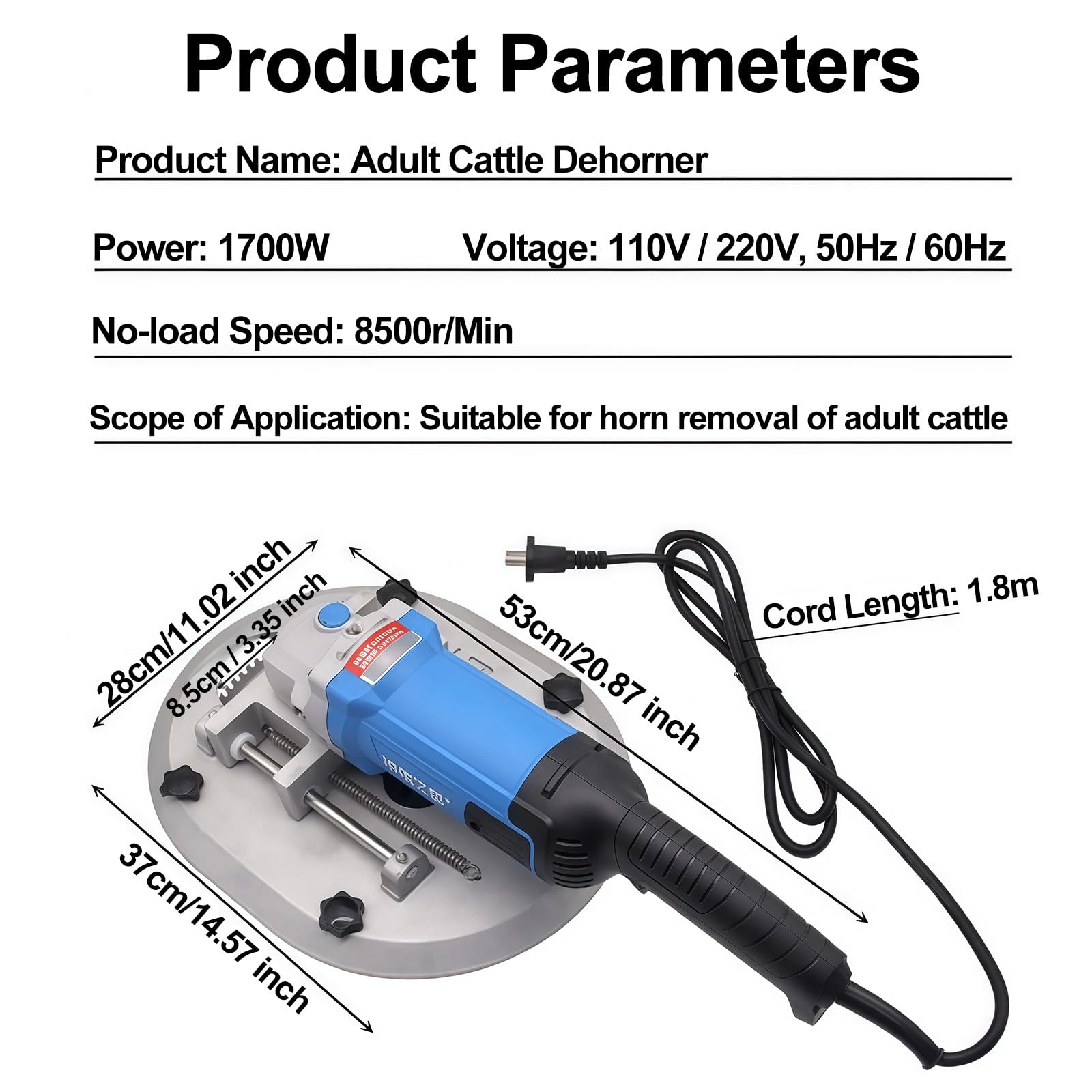 1700W Elektrische Enthornungssäge für Erwachsene Rinder, 8500 U/min Hornschneider, 8,5cm Sägeblatt, Schnelle Heizung, für Rinder, Ziegen & Schafe, für Nutztiere