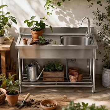 Potting Bench for Outdoor Garden, 47 Inch Stainless Steel Potting Table | Potting Sink with Workstation, for Garden Utility Garage Laundry Basement