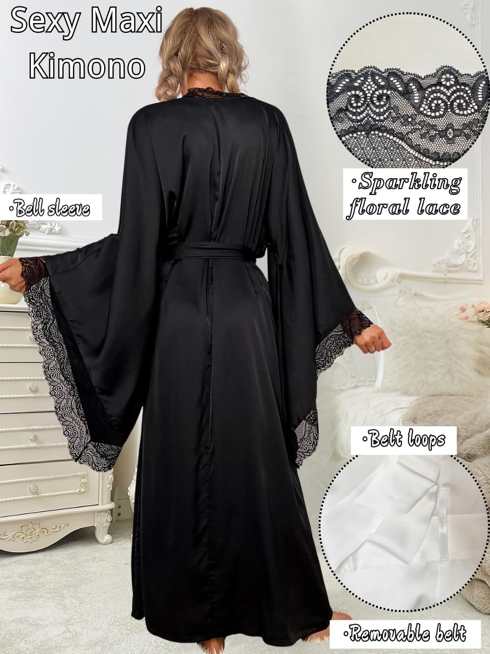 Silk Long Robe For Women, Satin Lace-Trim, Bride Wedding-Night, Bridal Bridesmaid Kimono Robes Lightweight - Image 3