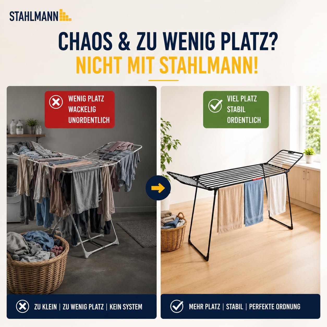 STAHLMANN Wäscheständer ausziehbar 25M Trockenfläche XXL Made in EU schwarz mit Klemmen