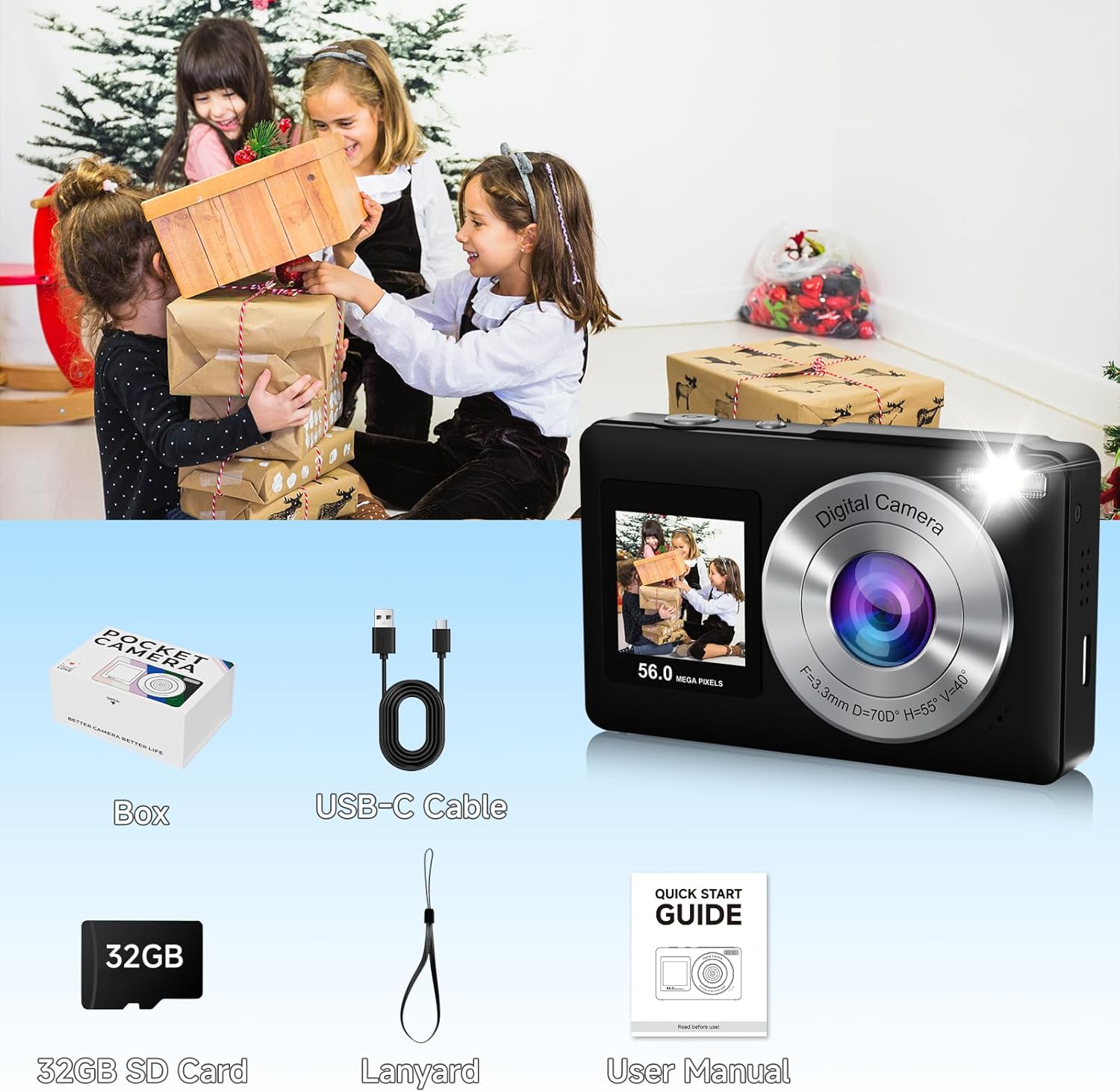 Digital Camera, 56MP 2.7K Dual-Screen Selfie Camera with 16X Zoom, 20 Filters & Anti-Shake, Portable Point and Shoot Digital Cameras with 32GB Card, Compact Travel Cameras for Beginners Teens Kids