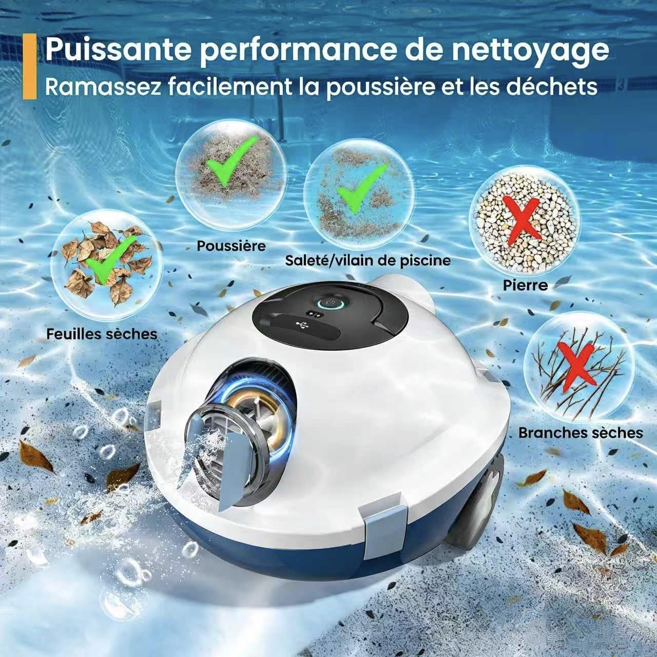 MEDOXA Robot Nettoyeur de Piscine sans Fil, aspirateur de Piscine Automatique, 120 Minutes d'autonomie, Auto-stationnement, Robot Piscine pour Fonds Plats Hors-Sol ou enterrés jusqu'à 100 m²（Blanc）