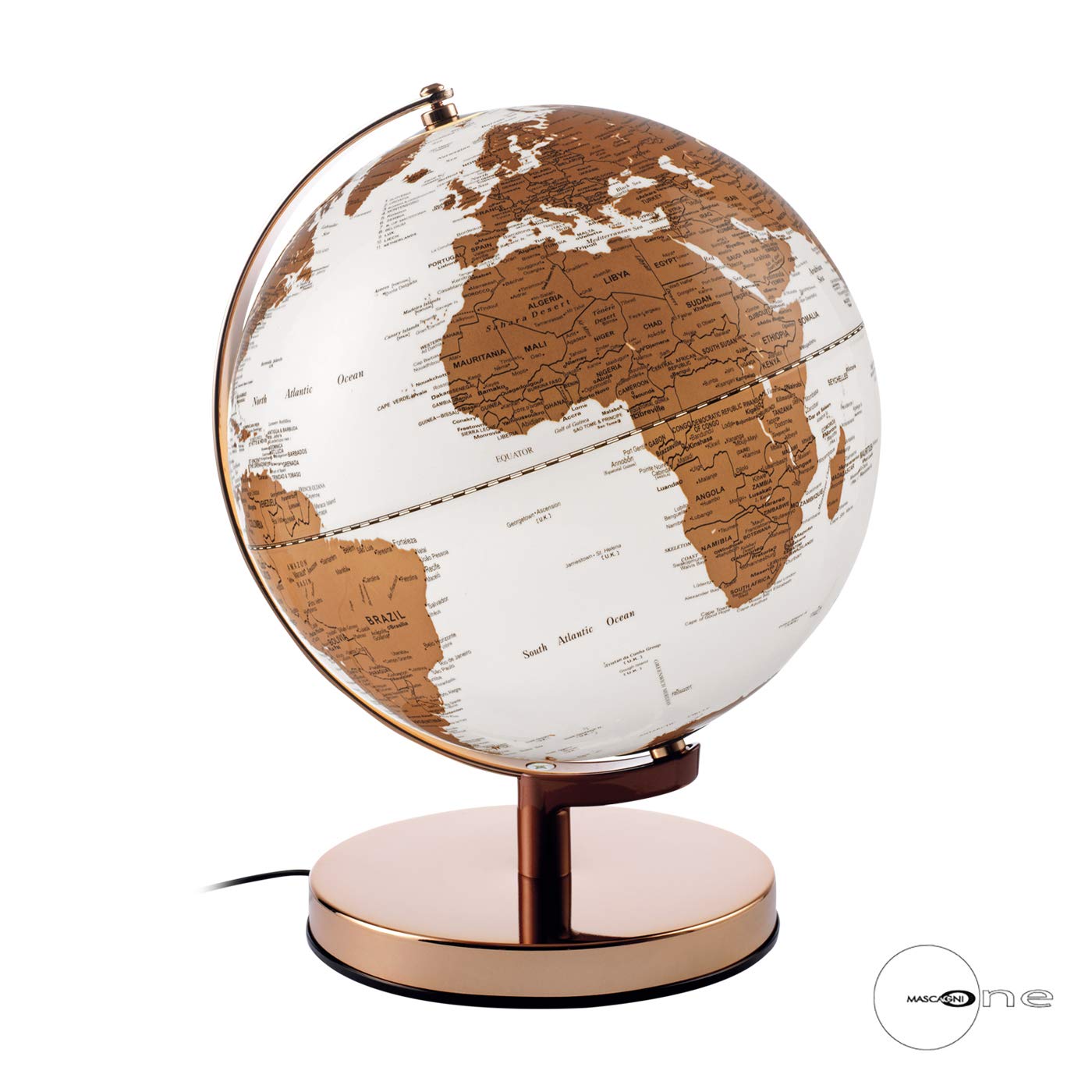 Mascagni - Globo Terrestre decorativo Luminoso - Mappemonde - Illuminazione a LED - Base in metallo Finitura dorata - Diametro 30 cm