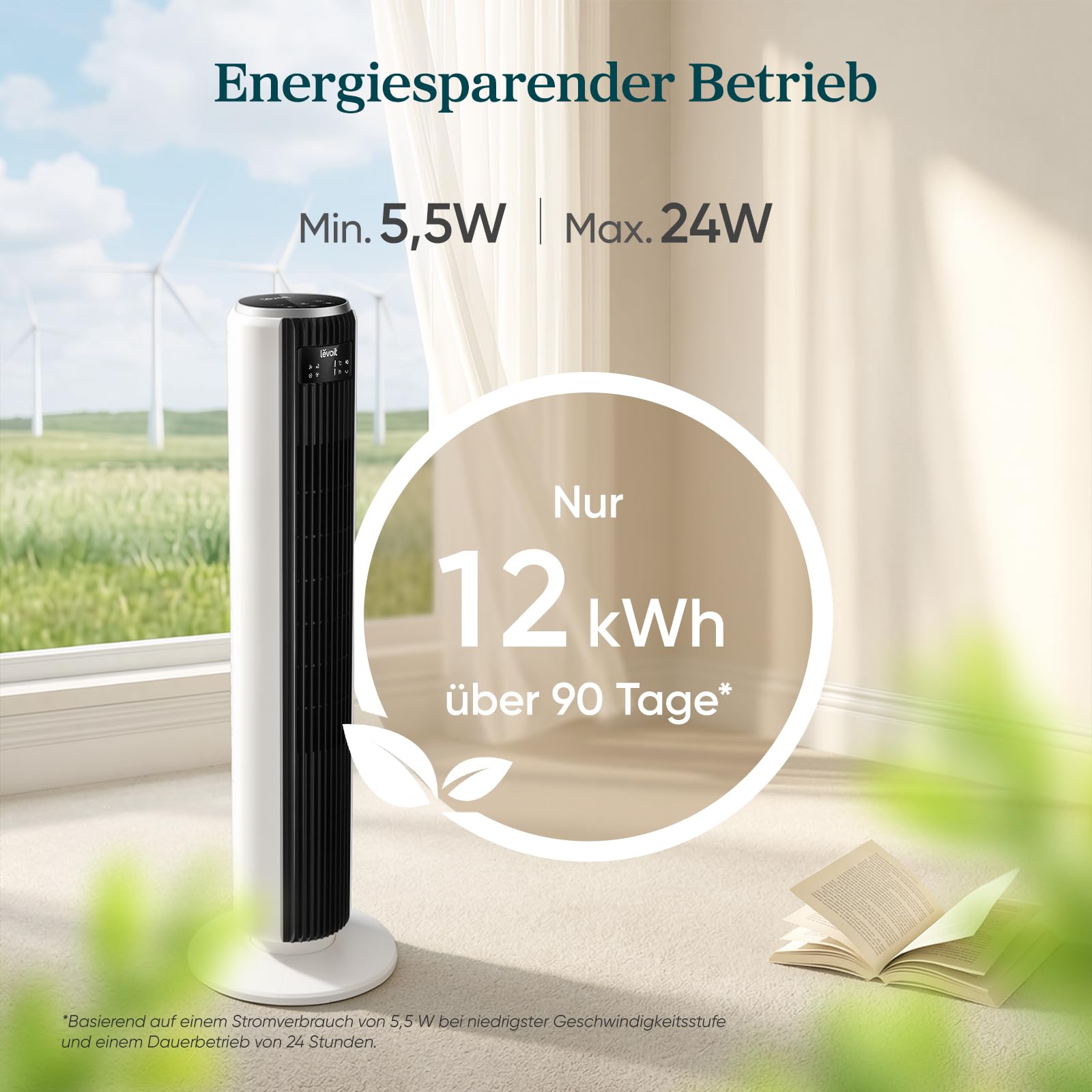 Levoit Tower Fan 92 cm 24W DC Motor 7,9m/s 20dB leiser Ventilator 4 Modi 12 Stufen 12 Std Timer Fernbedienung
