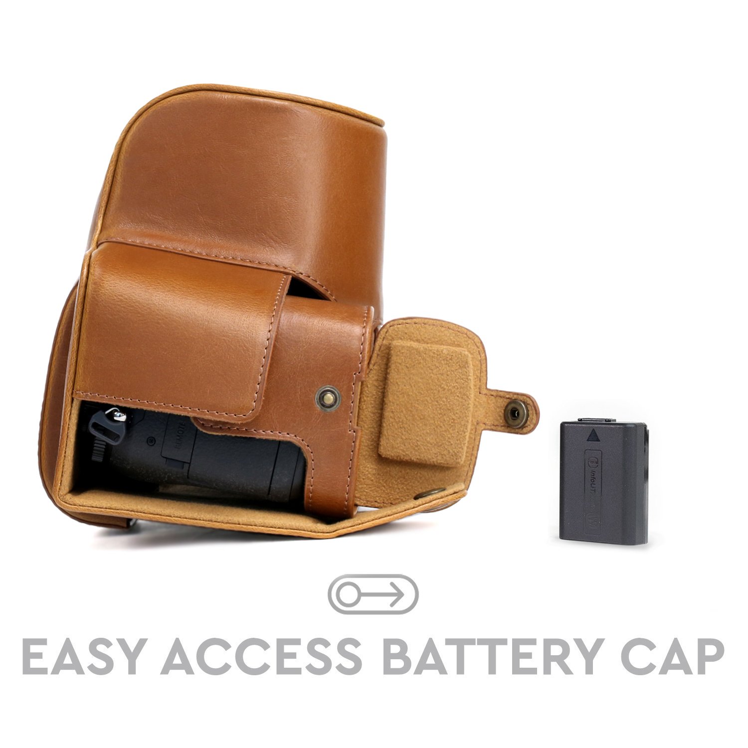 MegaGear MG762 Ever Ready skórzane etui i pasek z dostępem baterii do aparatu Sony EmartShot DSC-RX10 IV/DSC-RX10 III - jasnobrązowy