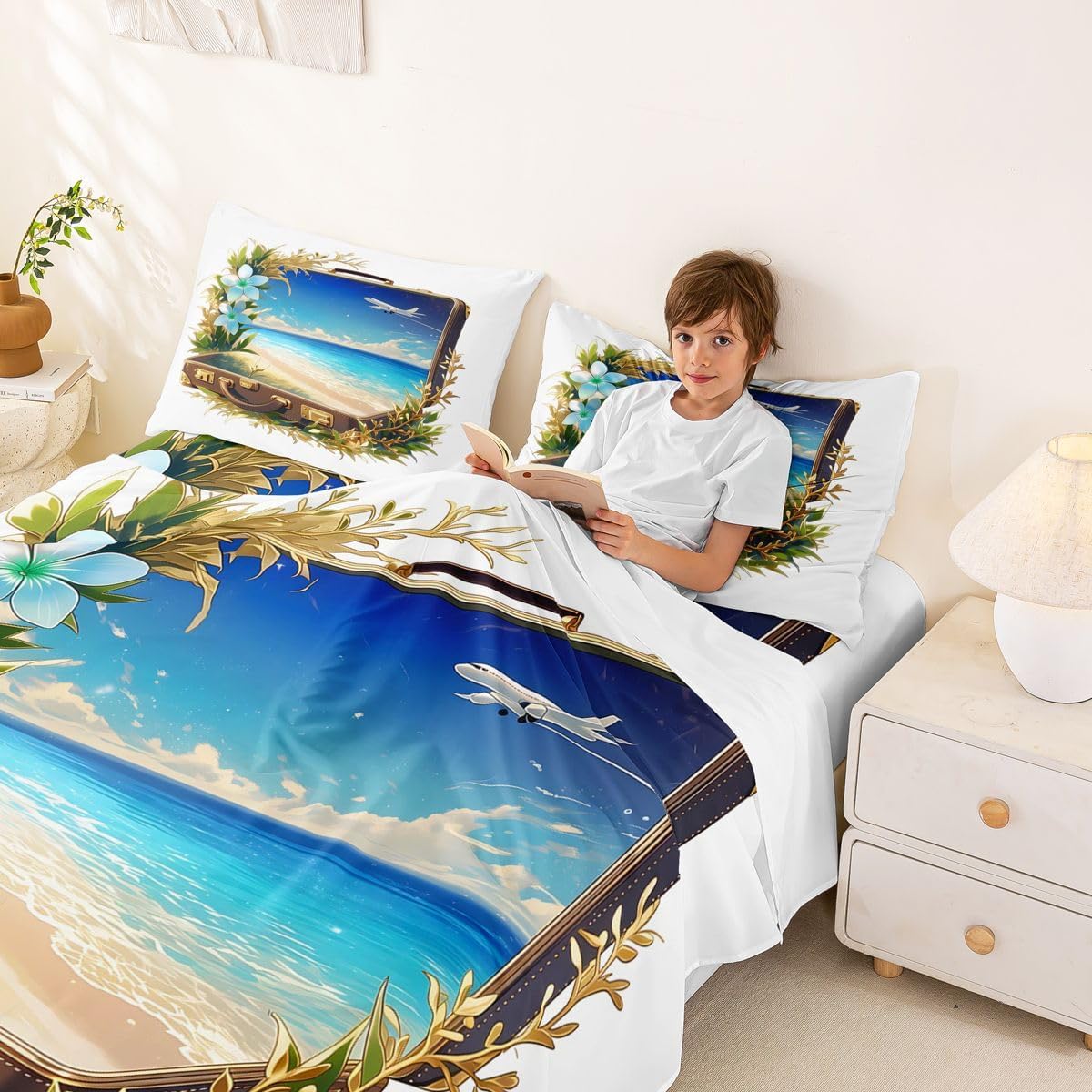 Erosebridal Coastal Beach Ocean Sheet Set Floral Tropical Full Size Bed Sheets for Toddler Boys,Nautical Scenic Air Plane Bedding Set