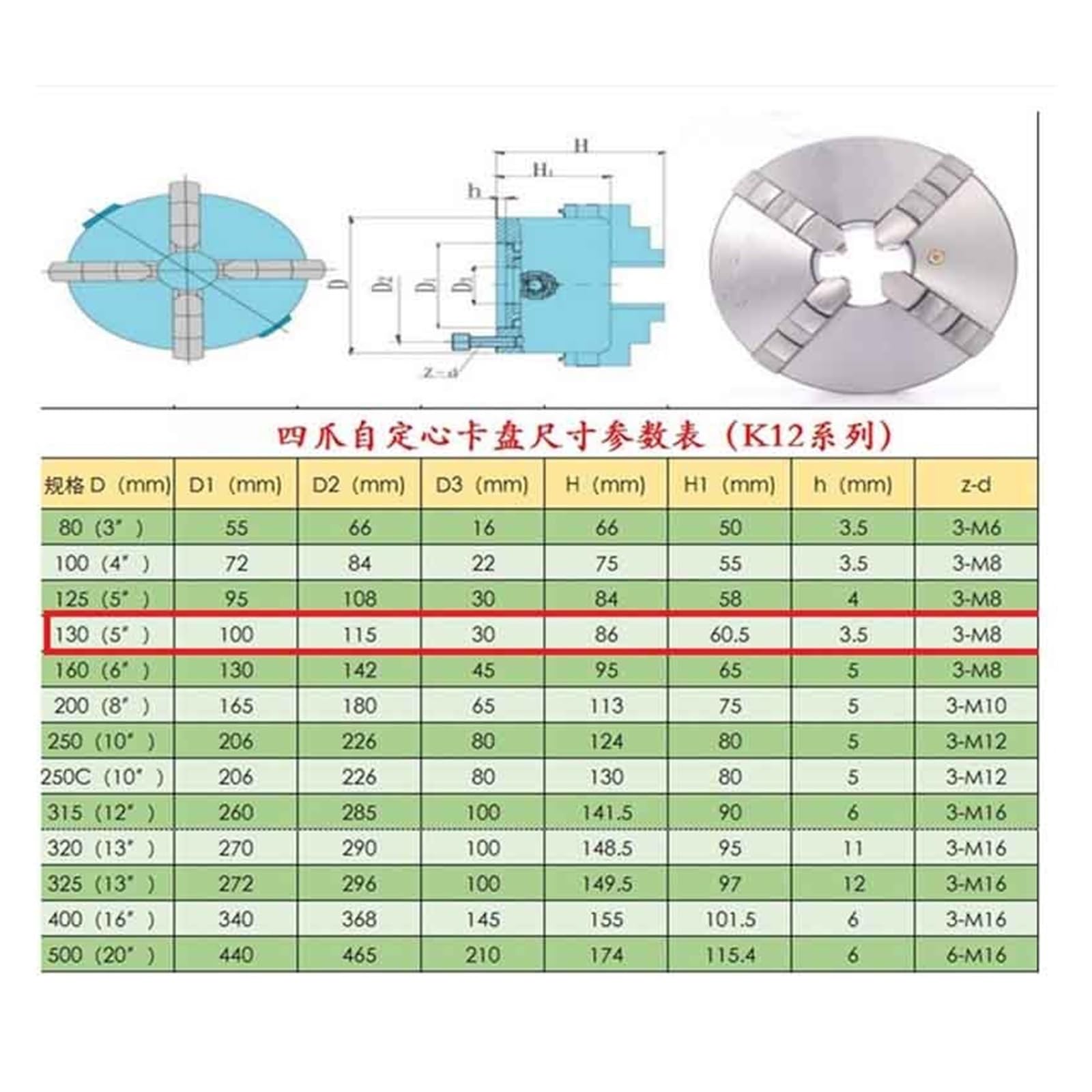 Portabrocas de metal autocentrante de 4 mordazas de 130 mm K12-130 for uso industrial