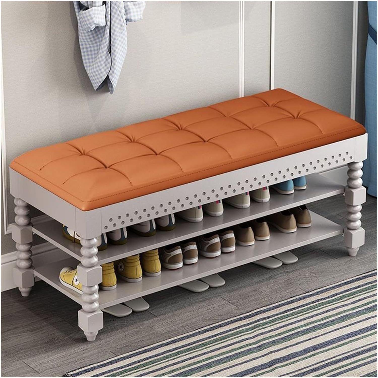 Banc à chaussures 2 niveaux orange 100cm avec coffre et coussin