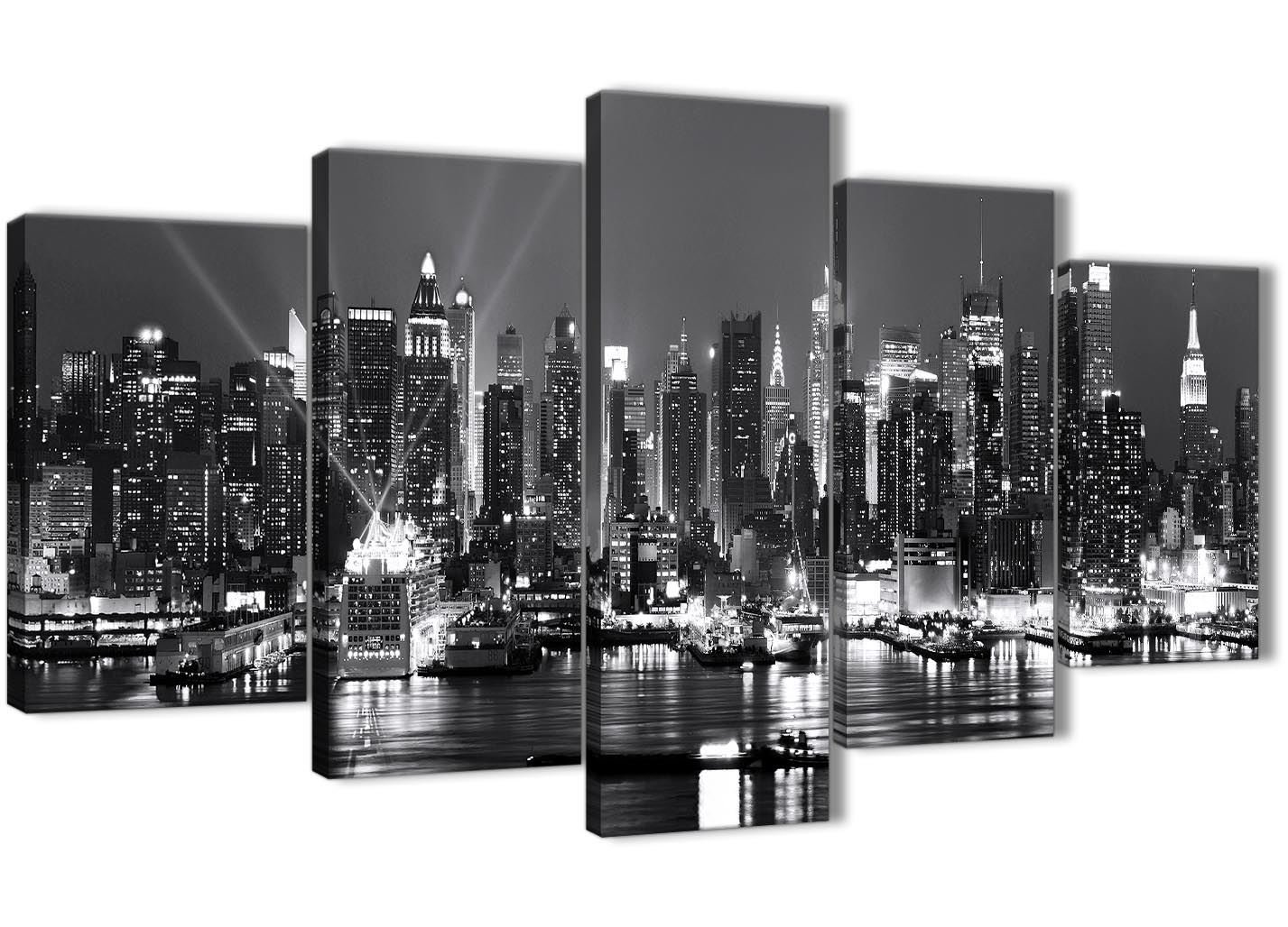 Wallfillers 5 Piece Landscape Canvas Wall Art Prints - New York Hudson River Skyline - 5435 Black White Grey - 160cm XL Set Artwork