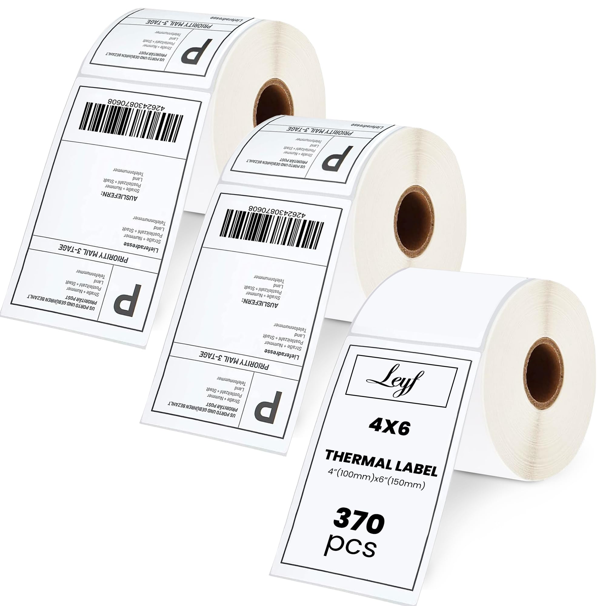 Leyf 100 mm x 150 mm - Thermo Etiketten - Selbstklebend - 1 Zoll Kern - 3 Rolle Pack Etikett x 370 St. Je Rolle = 1110 Label - Kompatibel für Etikettendrucker, Kompatibel mit Zebra, DHL – UPS - DPD