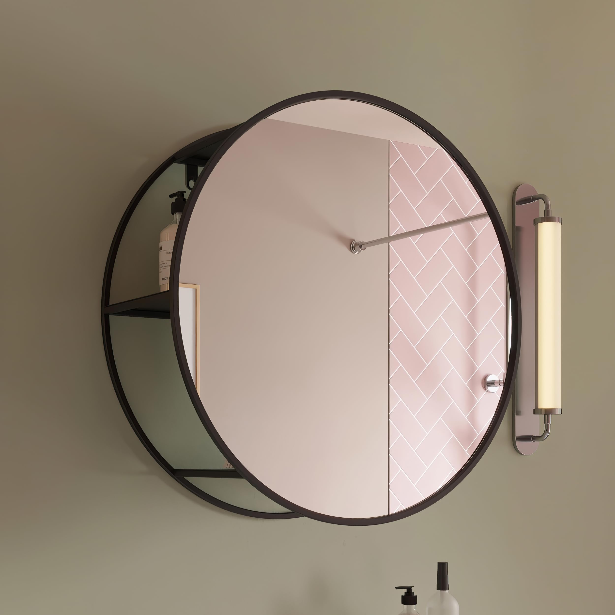 Croydex 500mm Matt Black Circular Bathroom Mirror with Shelves Safety Backed Glass, Wall Mounted, 3 Fixed Height Shelves, No Assembly Required, Fittings & Fixings Included