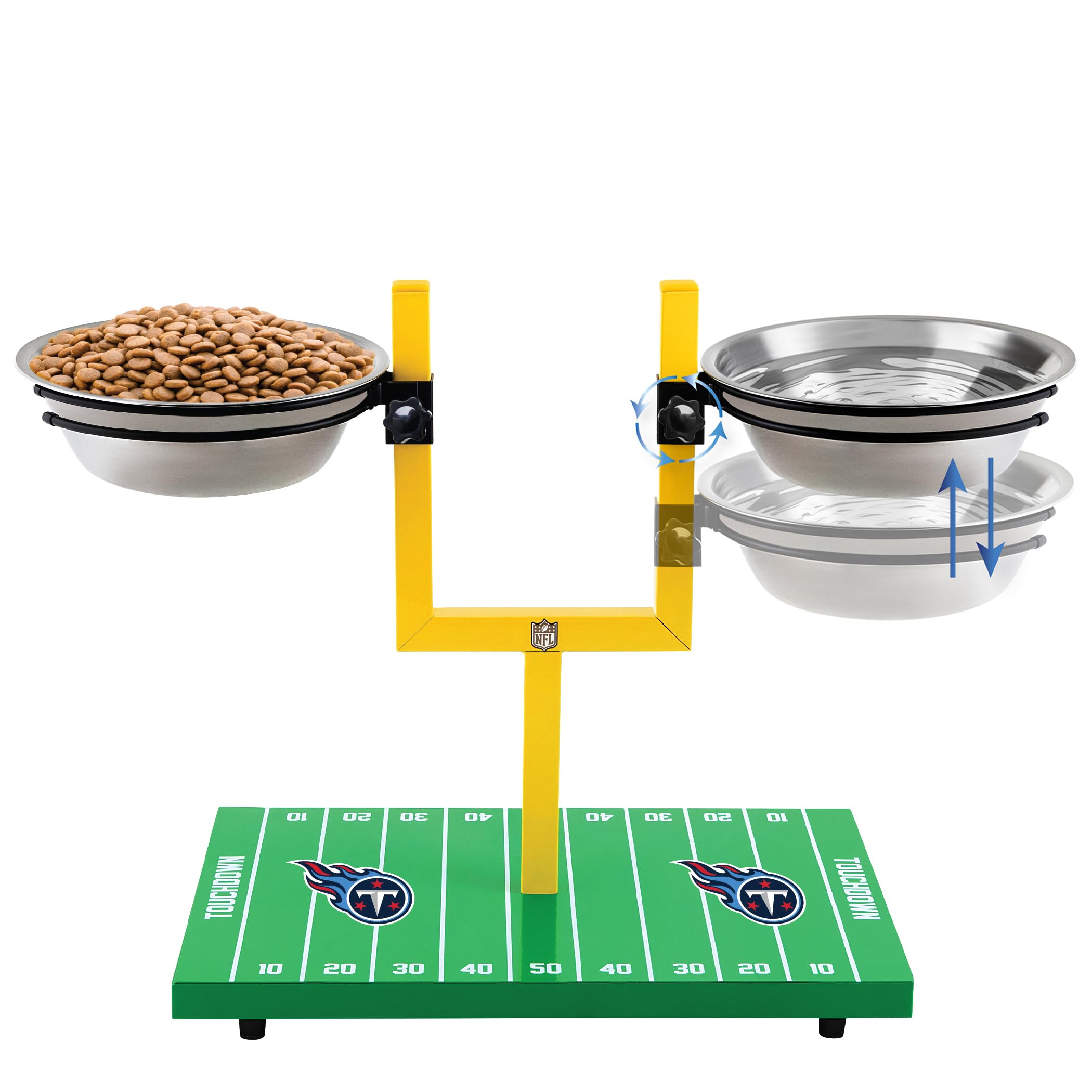 NFL Tennessee Titans Goalpost Football Field Dog Feeder – Adjustable Elevated Dog Bowls with Stand, 2 Stainless Steel Bowls, Non-Slip Rubber Feet,