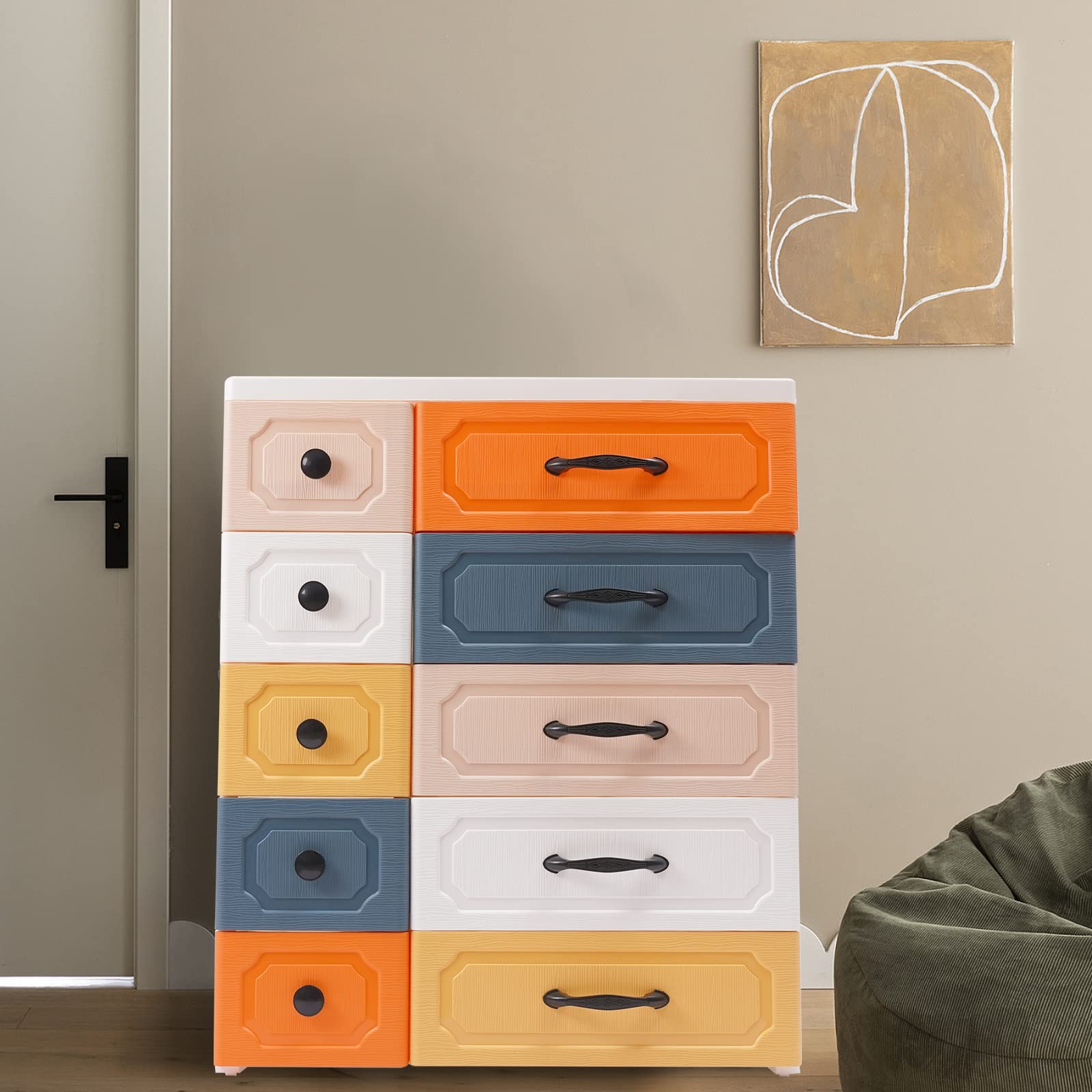 SuiYuLn Plastic Storage Cabinet,Tall Standing Dresser,5 Layers Storage Organizer with Drawers,Colorful Drawers Chest Organizer for Playroom,Bedroom,Child's Nursery