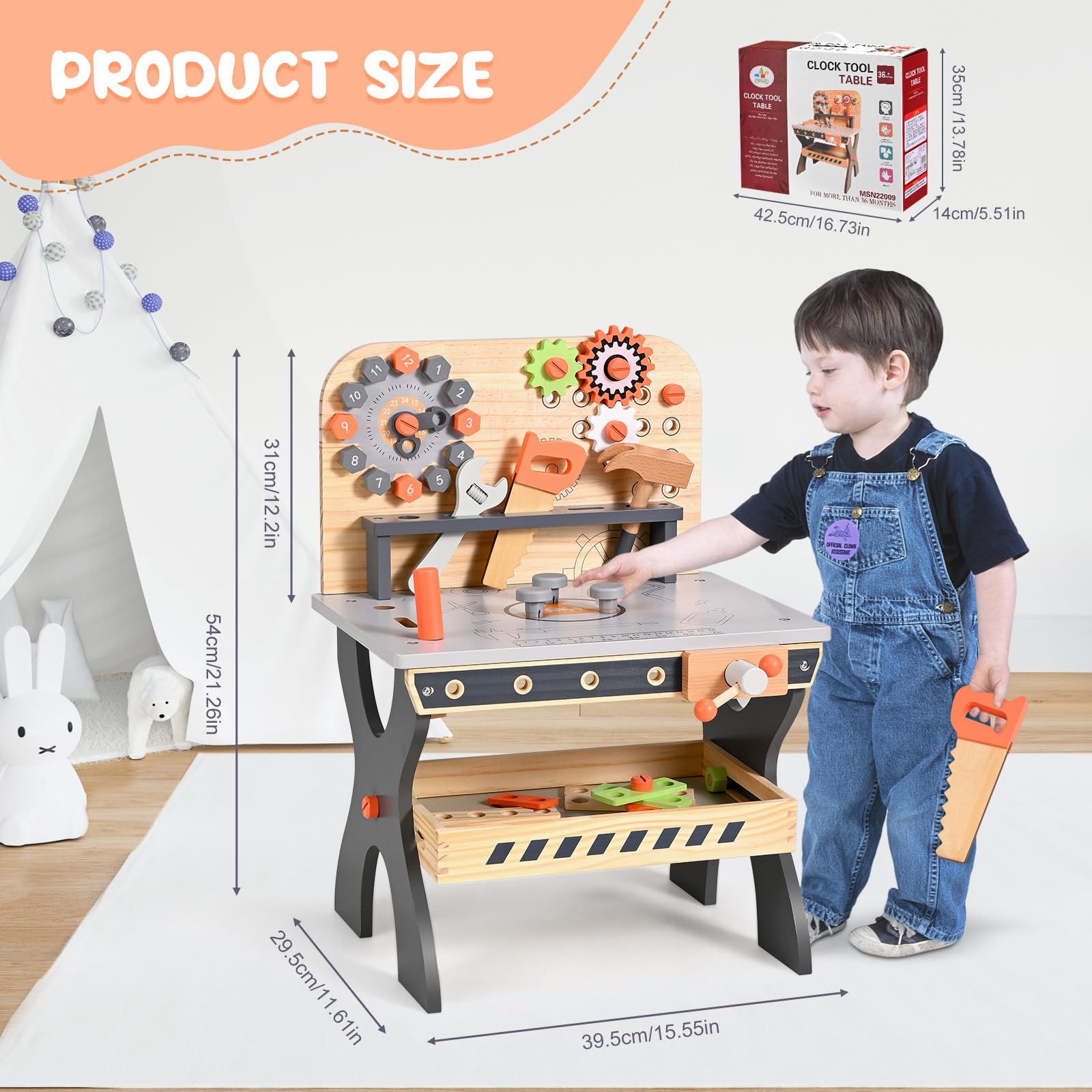 Établi en Bois pour Enfants, Outils de Jeu Banc à Outils en Bois Multifonction Maintenance des simulations Tableau d'outils de démontage des vis et écrous pour Les 3 Ans et Plus