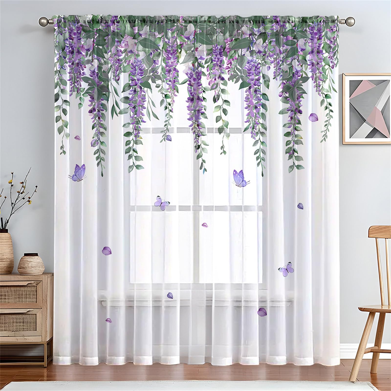 Surwin Net Curtains for Windows, Voile Curtain, 1 Panels Romantic Butterfly Print with Eyelets, Semi Transparent Lightweight Voile Panel for Living Room Bedroom Balcony (Lavender,W132xH45cm)