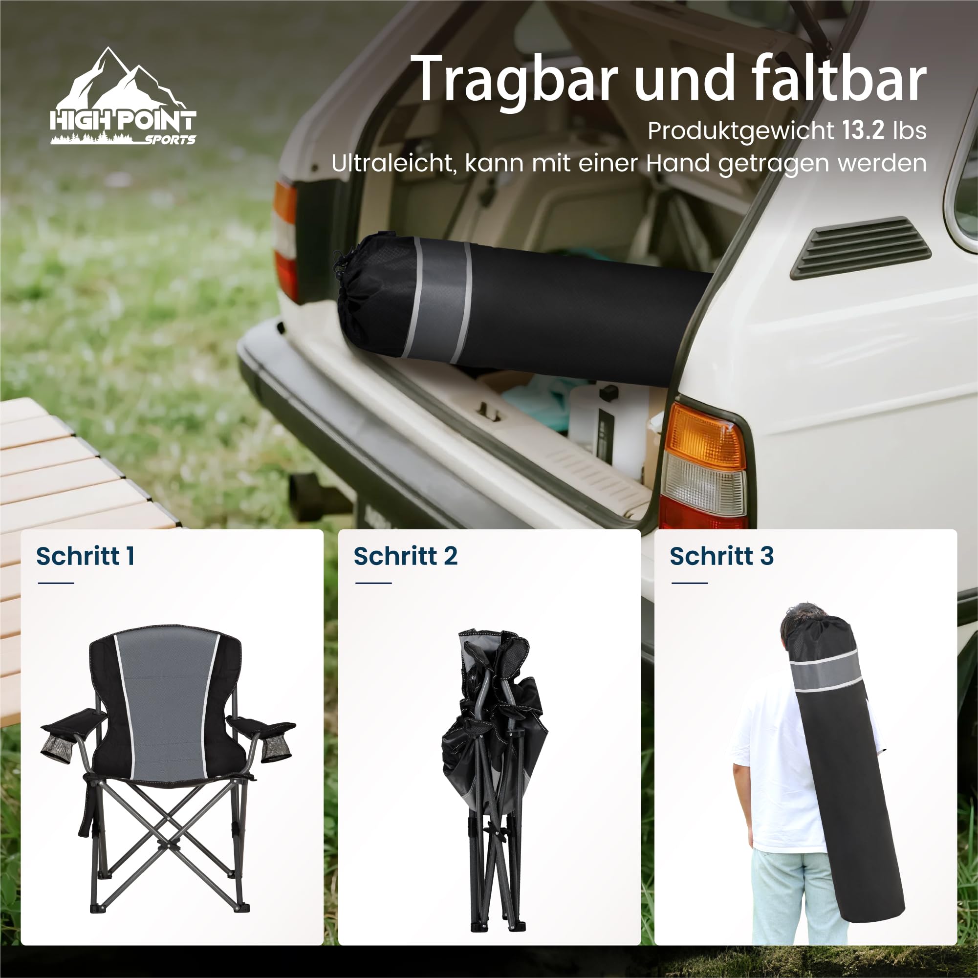 HIGH POINT SPORTS Campingstuhl Faltbar Angelstuhl Klappbar 160 kg Belastbar Klappstuhl mit Armlehne Getränkehalter Stahlrahmen Tragbar Campingsessel