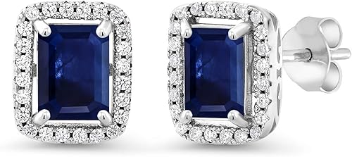 Gem Stone King Aretes de plata de ley 925 con piedra natal Corte esmeralda de 0.315 x 0.236 in Aretes de halo para mujer