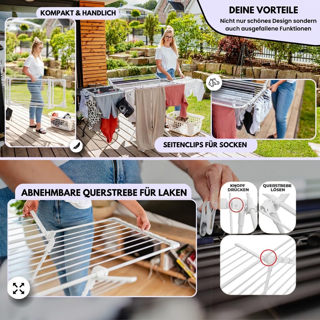 MONDHEIM® Obsidian | XXL Teleskop Wäscheständer 26M TROCKENLÄNGE | abnehmbare Querstrebe | Flügelwäscheständer platzsparend | nutzbar für Balkon oder Terasse (Weiß)