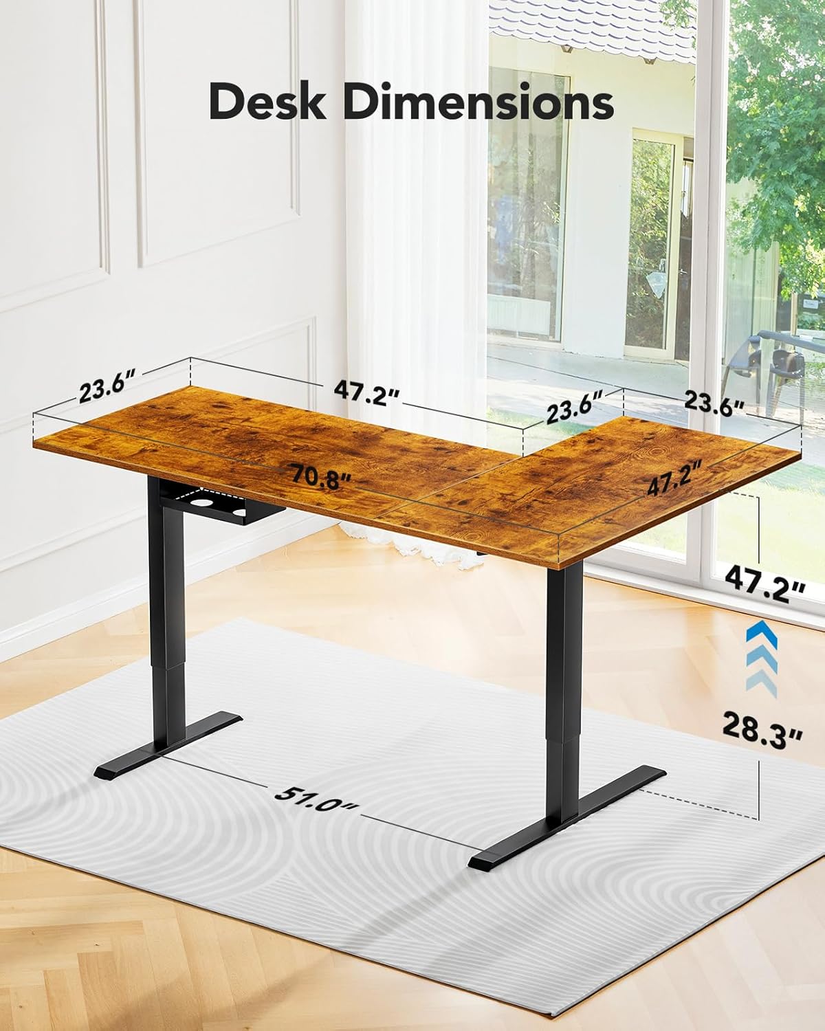HUANUO 71x48 inch Dual Motor L Shaped Electric Standing Desk with 3 Preset Heights, Electric Height Adjustable Computer Table, 2 Hooks & Cable Tray, Raising Desk for Home Office, Vintage Brown
