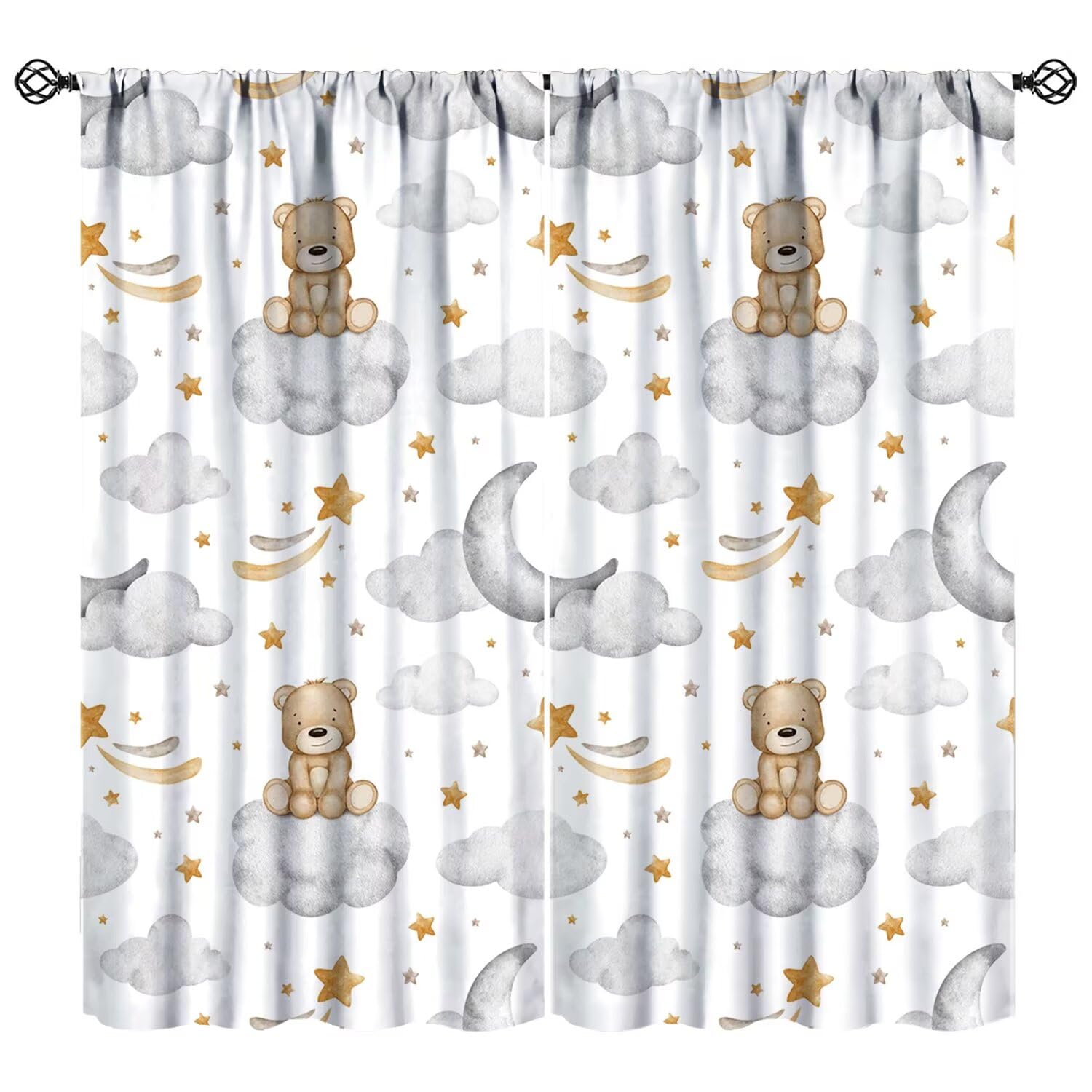 JESTRONRY Cartoon Bear Curtains,Kids Boys Girls Cute Bear Moons Clouds Stars Print Window Treatments for Childs Baby Bedroom Nursery Drapes 55" W X 63" L (Blackout)