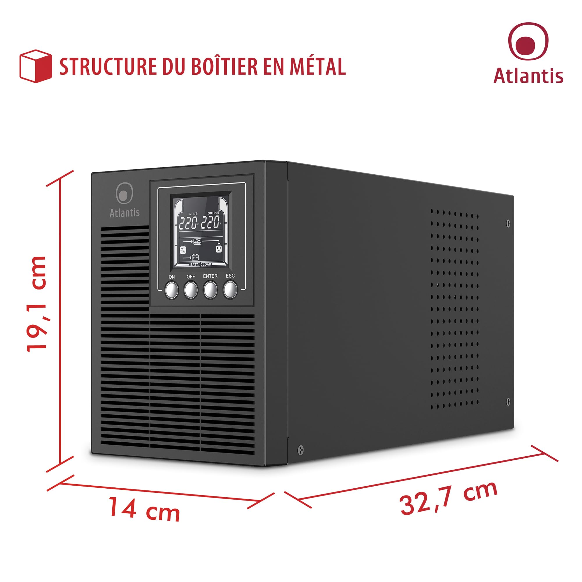 Atlantis A03-OP1002 Onduleur (UPS) Online Double Conversion et Pure sinusoïde avec Une Puissance de 1000VA 900W, Tour, écran LCD, USB, RS-232 série, 4 Sorties IEC, Port EPO, Slot SNMP, 2x12V-9Ah