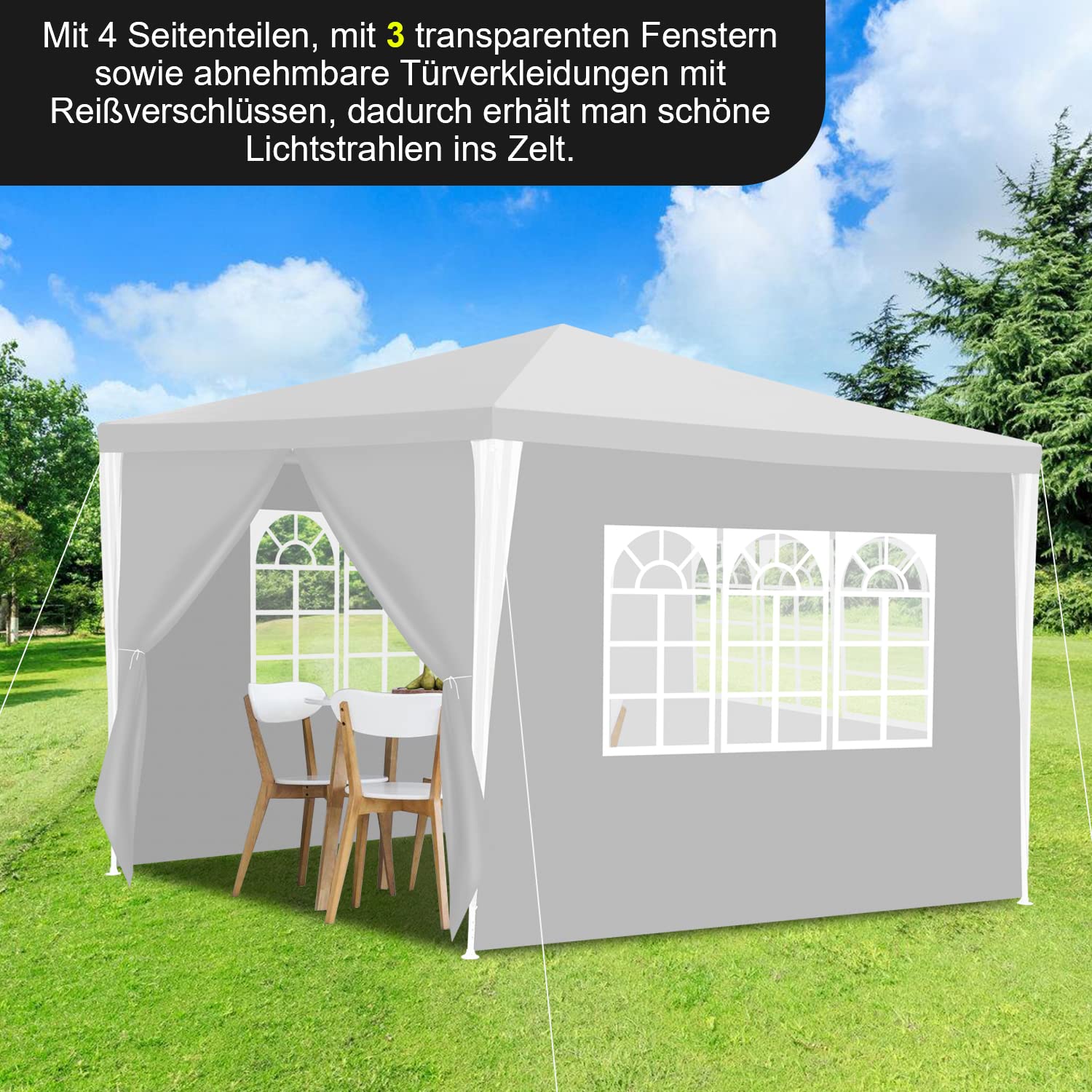 Wodoszczelny pawilon ogrodowy, 3 x 3 m, ochrona przed promieniowaniem UV, stabilny namiot imprezowy, odporny na zimę, namiot biesiadny z 4 ścianami bocznymi i oknami, do ogrodu, na imprezę, wesele, stoisko targowe, biały