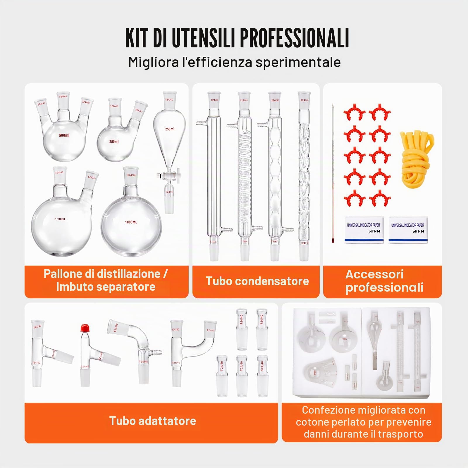 VEVOR Kit Vetreria da Laboratorio 32 Pezzi Kit di Distillazione per Chimica Organica Kit di Apparecchi di Distillazione Kit Vetreria da laboratorio Materiale Vetro da Laboratorio