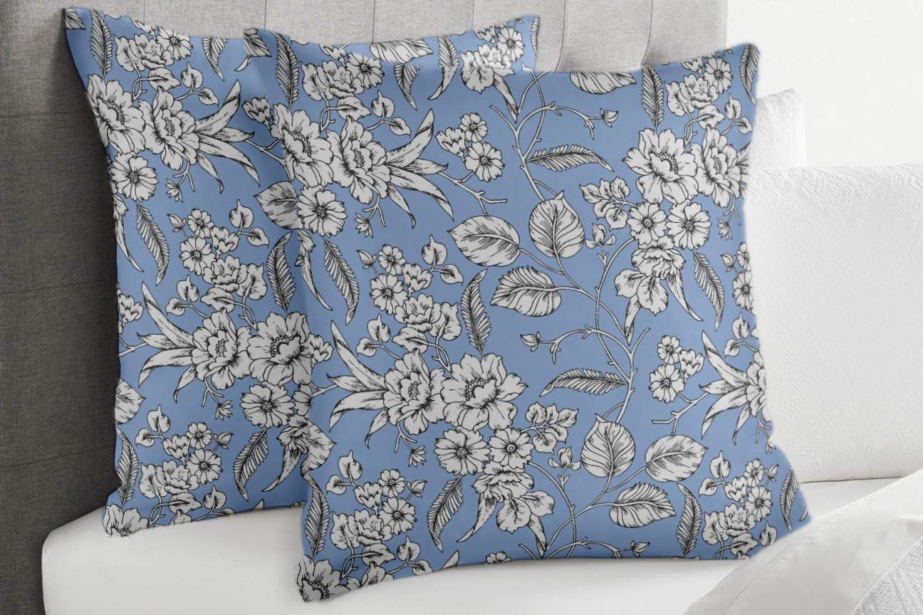S4Sassy Blue Velvet Leaves & Coreopsis Decorative Throw Pillows Cushion Cover Cases for Sofa Bed 2Pcs-20 x 20