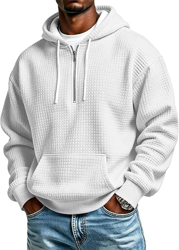 Mens Waffle Knit Long Sleeve Hoodie Quarter Zip Pullover Swe