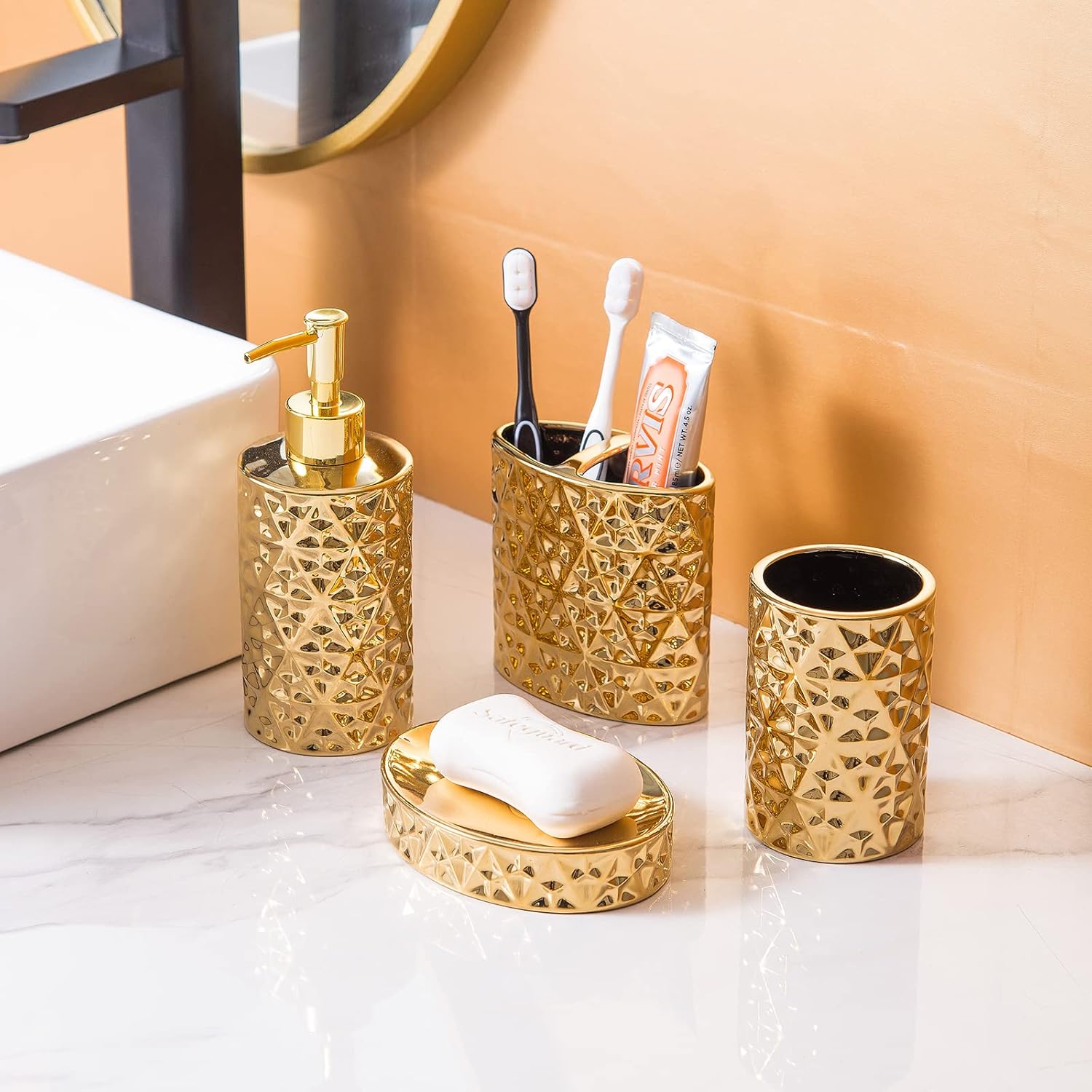 Bathroom Accessories Set 5 Piece Bath Ensemble Includes Trash Can,Toothbrush Holder,Toothbrush Cup,Soap Dispenser,Soap Dish for Decorative Countertop and Housewarming Gift,Yellow Gold