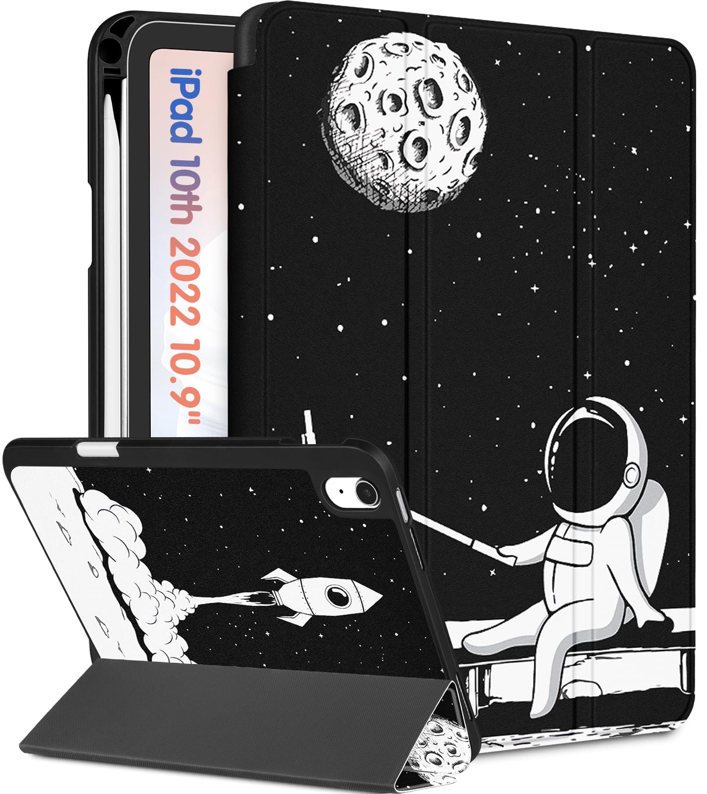 Wazzasoft for iPad A16 Case 2025 - for iPad 10th Generation Case Cute Women Girls Kids Teens Astronaut Design Unique with Pencil Holder Auto Sleep/