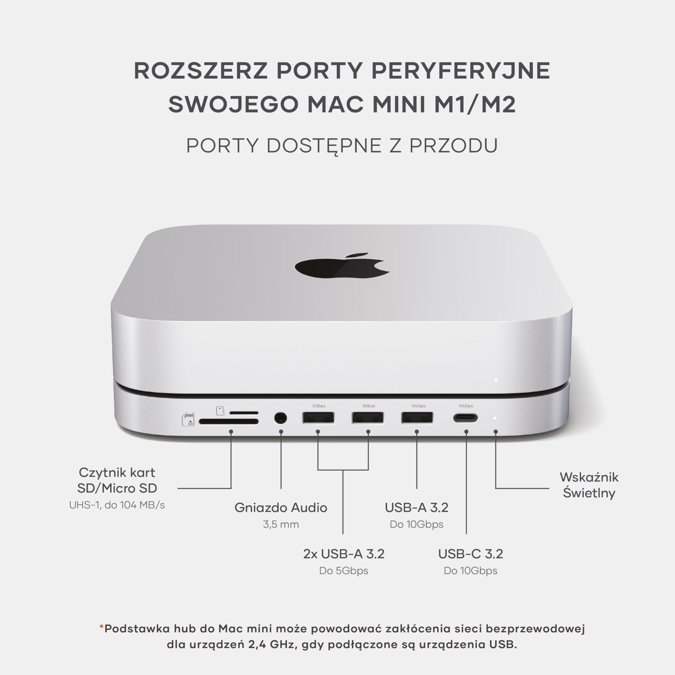 SATECHI Hub i stojak Mac Mini z obudową SSD dla NVME/SATA M.2, dock Mac Mini z USB-C 10 Gbps, 3×USB-A 5/10 Gbps, gniazdo 2.0, dla Mac Mini M2/M1, Mac Studio – Srebrny