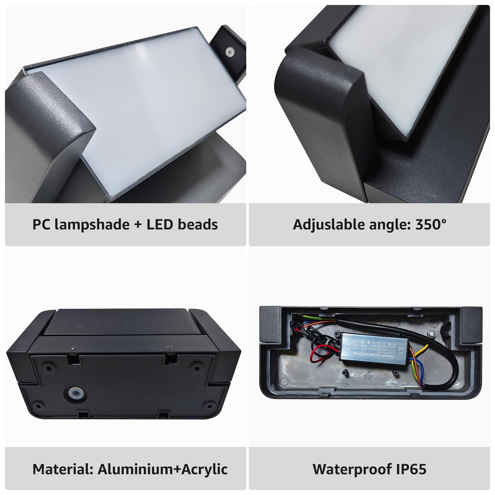 Aipsun 24W LED Lámpara de Pared Exterior/Interior IP65,Antracita | Luz Ajustable (350°) | Aluminio Fundido Duradero para Entrada, Jardín, Terraza, Garaje | Blanco Cálido 3000K | Moderno Diseño