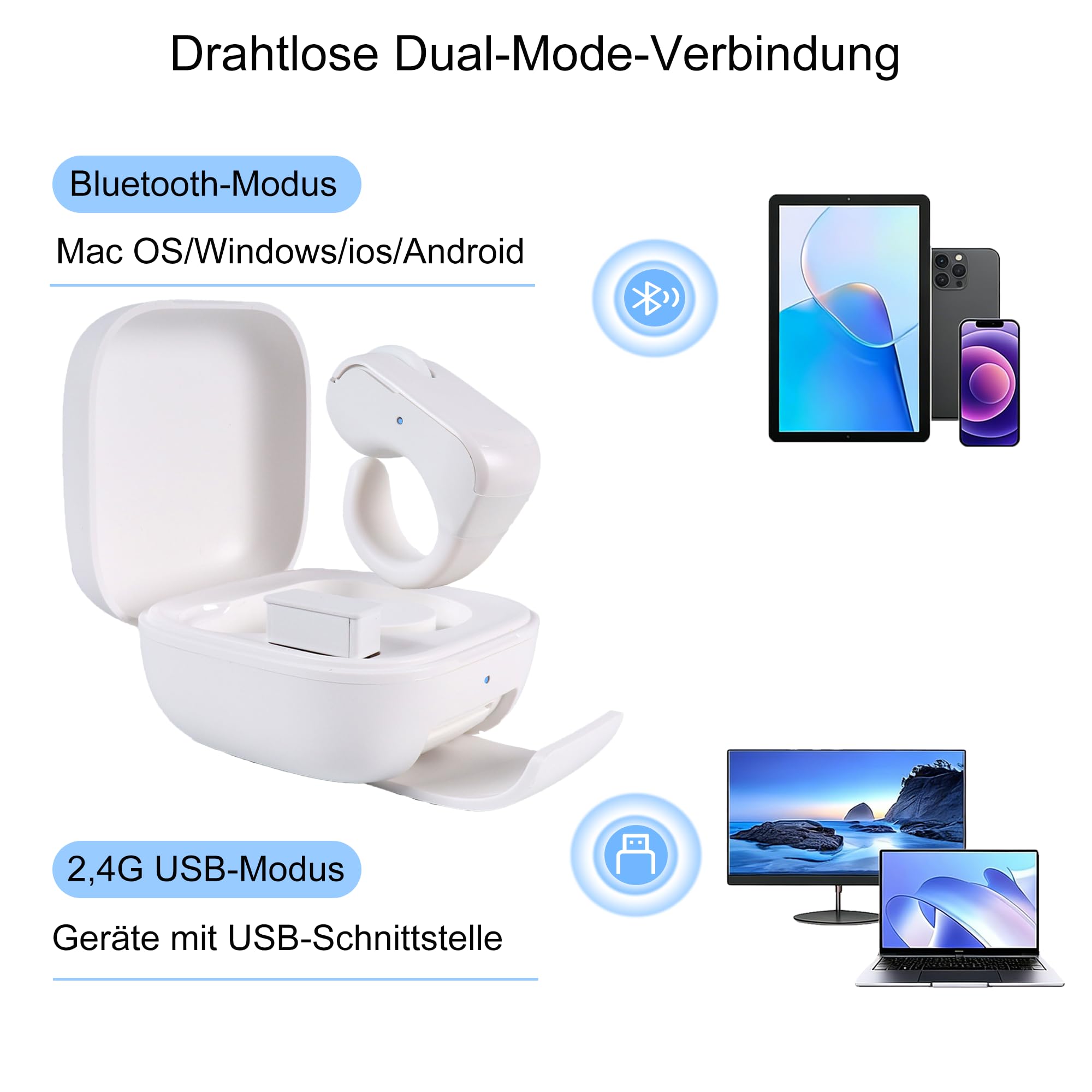 Tiktok Scrolling Ring Fingermaus mit Touchpad, Mini Bluetooth Wiederaufladbare Tragbare Maus mit Ladehülle, Fernbedienung für Kamera/Video/Kindle App/PPT, für PC Laptop Smartphone Tablet(Weiß)