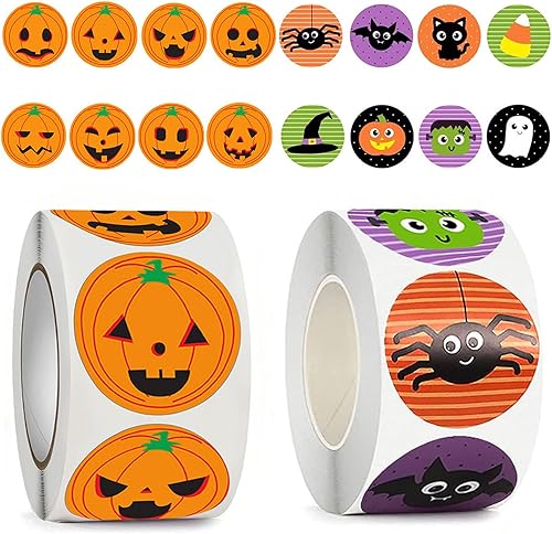 1000 calcomanías de rollo de Halloween, calcomanías de sello redondo, calcomanías de Halloween, calabaza, murciélago, araña, calcomanías de 1