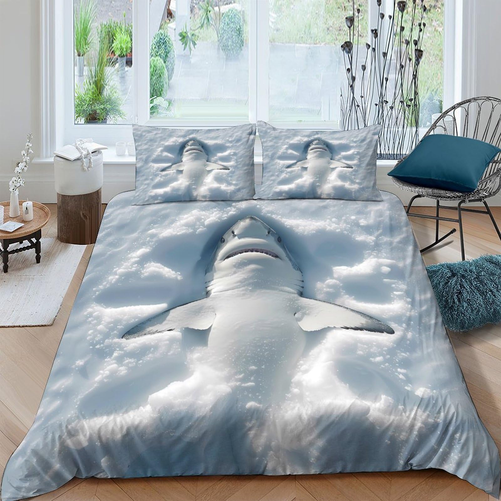 GPLZQXKJNH 3D Printed Shark Ocean Duvet Cover Microfiber Soft Breathable Underwater Bedding Set with 2 Pillowcases for Bedroom Decor 120x200cm Single（135x200cm）