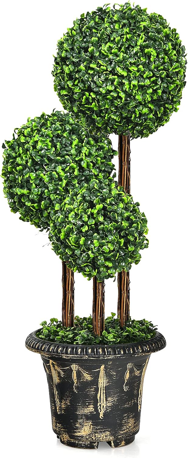 Artificial Boxwood Topiary Tree, 3ft Triple Ball Shaped Faux Topiary Tree w/Weighted Pot, Metal Frame, Fake Green Potted Plants Decoration for Indoor/Outdoor/Home/Office