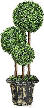 DREAMADE Artificial Boxwood Topiary Tree, 3ft Triple Ball Shaped Faux Topiary Tree w/Weighted Pot, Metal Frame, Fake Green Potted Plants Decoration for Indoor/Outdoor/Home/Office