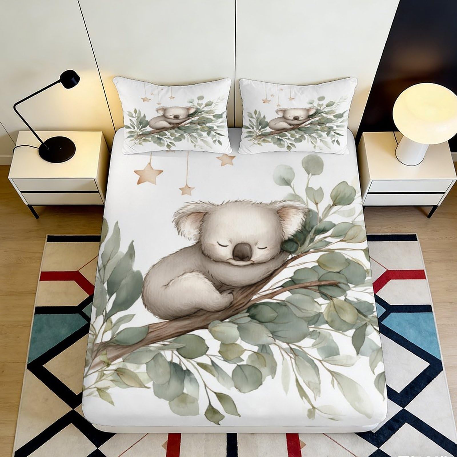 3D Printed Sleeping Koala Fitted Sheet Microfiber Soft Anti-Slip Eucalyptus Mattress Cover for Bedroom Guest Room Decor 120x200x25cm